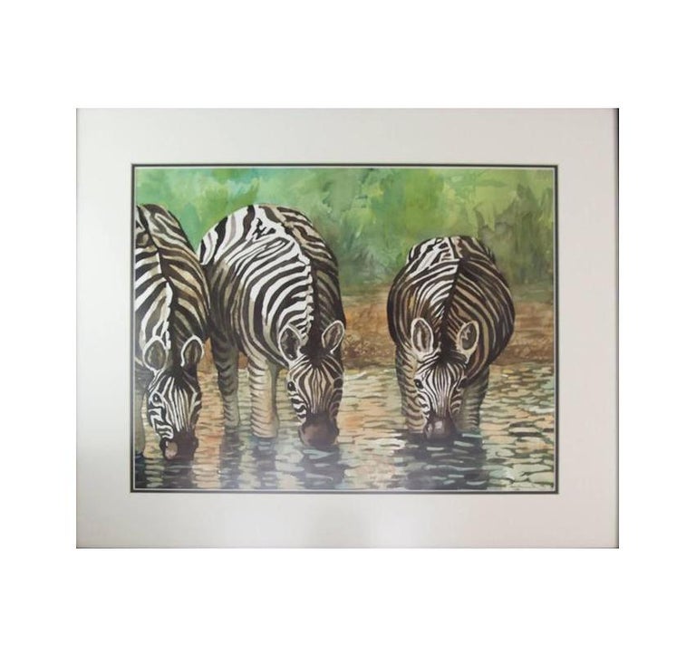 Organic Modern Zebras Drinking at a Waterhole Watercolor Painting, Howard, 1997 For Sale