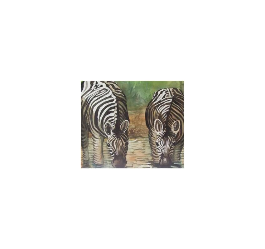 Organic Modern Zebras Drinking at a Waterhole Watercolor Painting, Howard, 1997