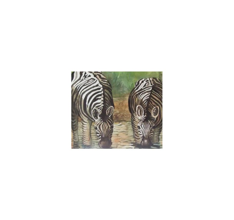 Hand-Painted Zebras Drinking at a Waterhole Watercolor Painting, Howard, 1997 For Sale
