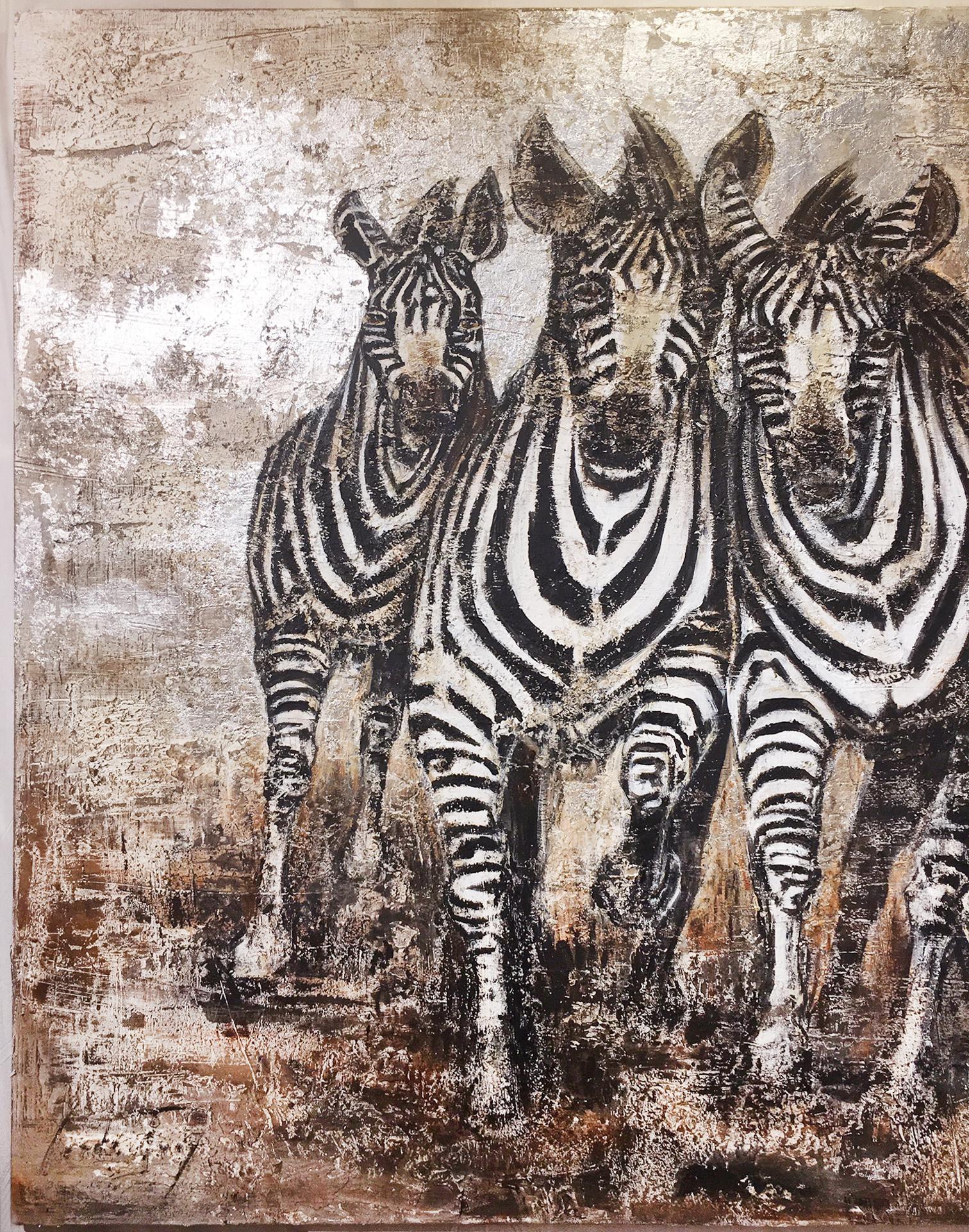 Malerei Zebras Darstellung von Zebras,
auf Leinwand, bemalt mit Marmorstaub.
Mixte-Techniken. Gemälde von Carole Ivoy.