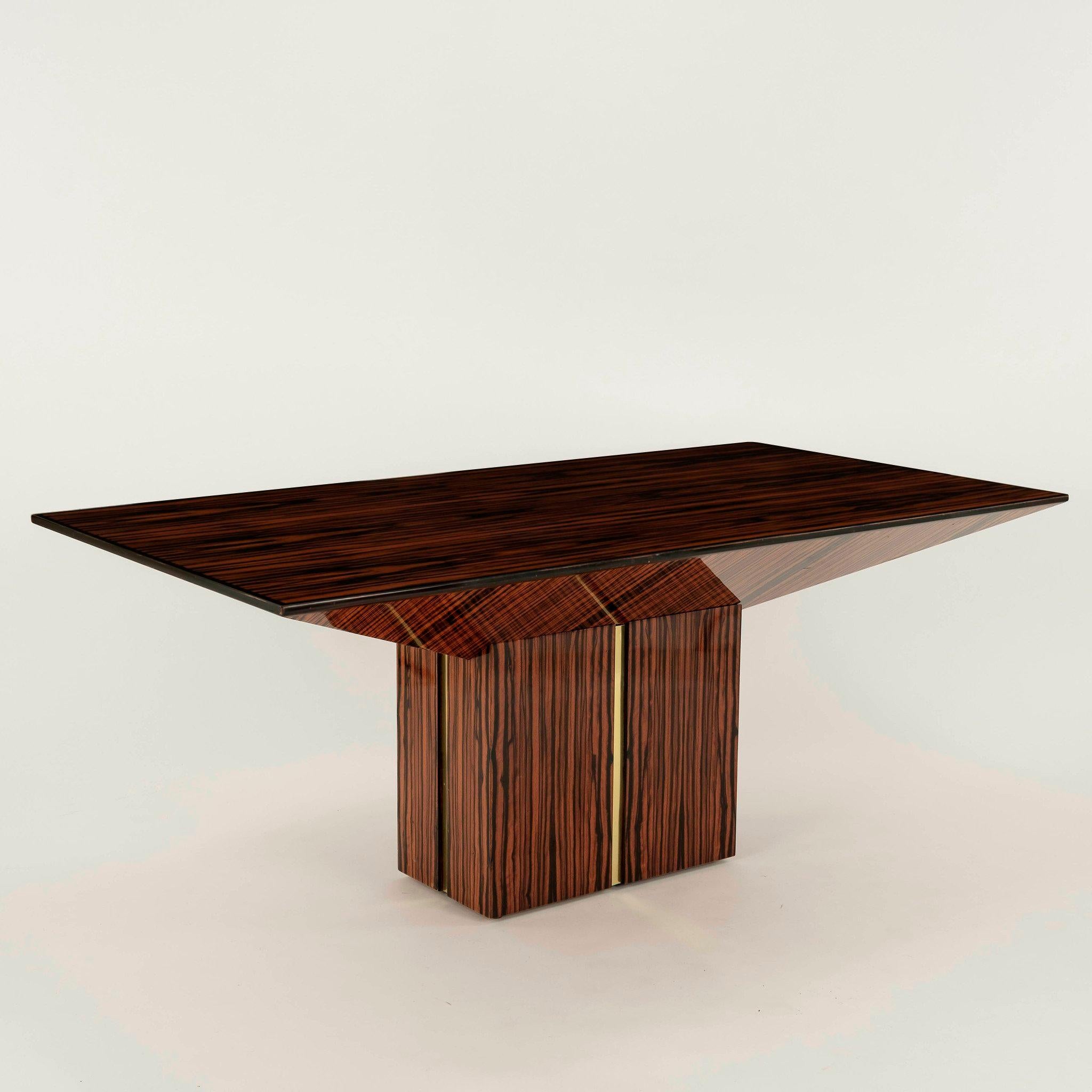 20th Century lacquered zebra wood and brass inlay table.