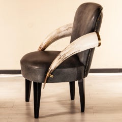 Zebu Armchair, Leather and Natural American Horns Arm Rests, Brass Elements