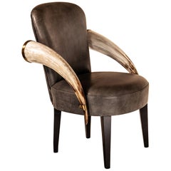 Zebu Armchair, Leather and Natural American Horns Arm Rests, Brass Elements
