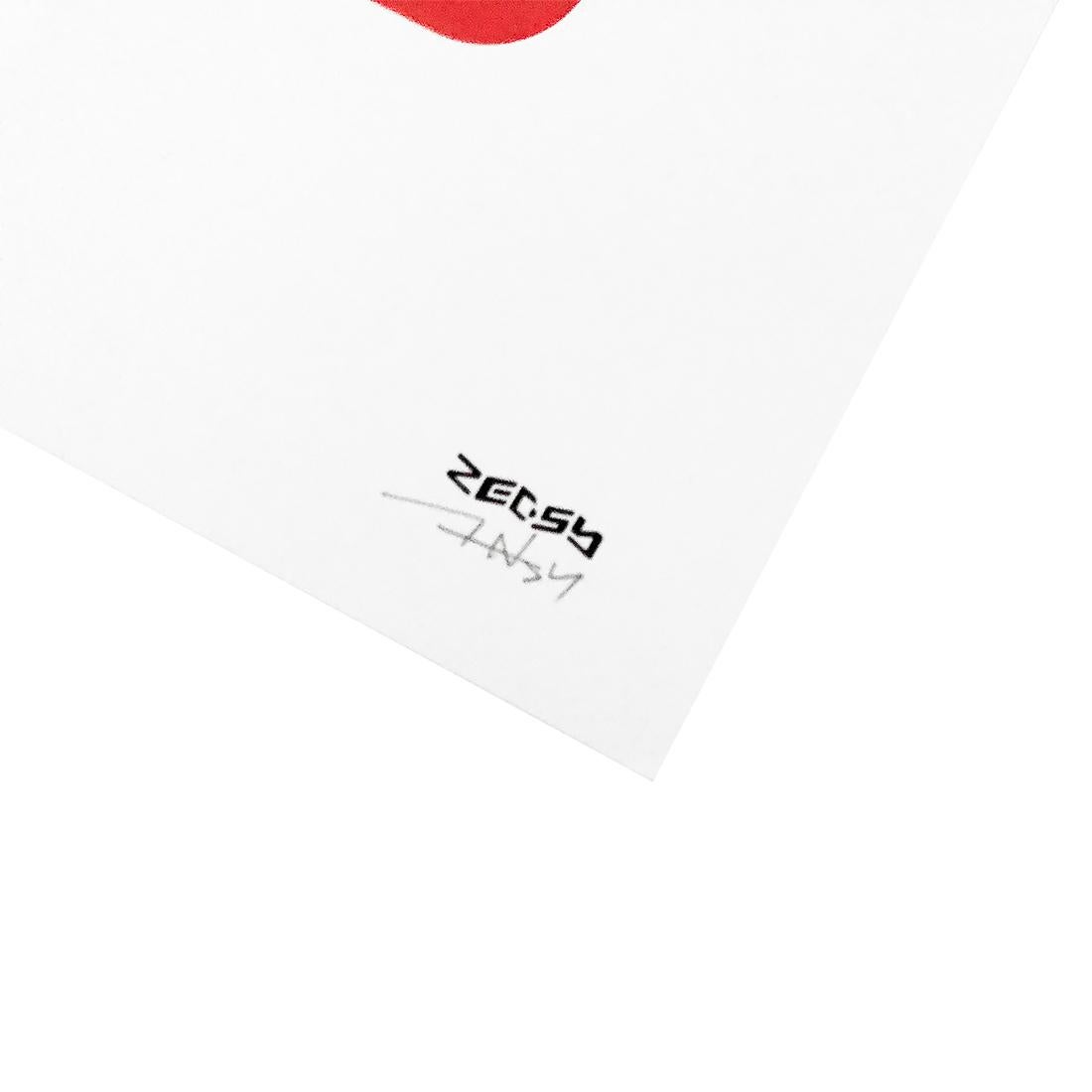 Limited edition of 200.
As seen on the separation wall in Bethlehem.
Signed by Zedsy on bottom right with artist stamp.
Hand numbered over artist emboss over Bethlehem stamp (peace dove) on bottom left.