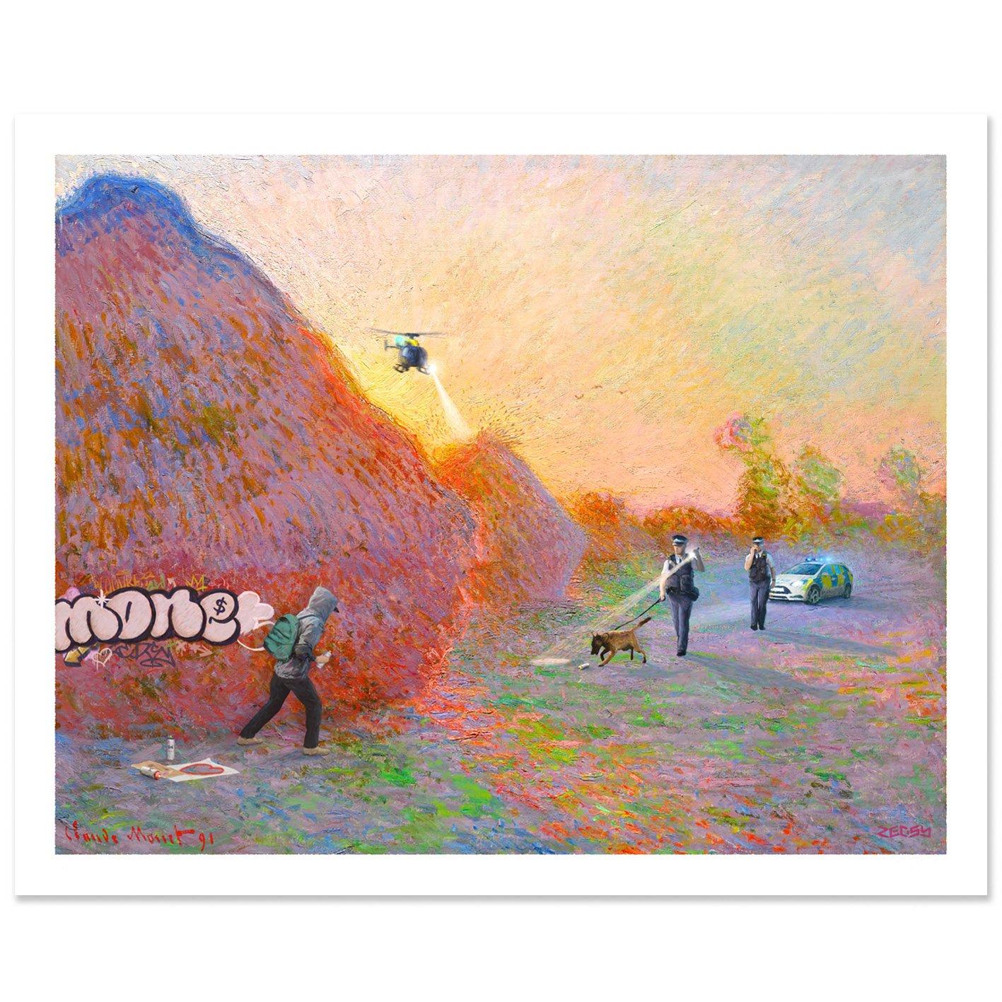 Seltene#163/264 Ausgabe direkt von Zedsy.

21 x 26 Zoll (53 x 66 cm)

Siebdruck auf 100 % Baumwolle (330 g/m²), Kunstdruckpapier.

Druckausgabe der Monet-Hommage "Nadel im Heuhaufen" von Zedsy. Von der Künstlerin mehr als 3 Tage lang im