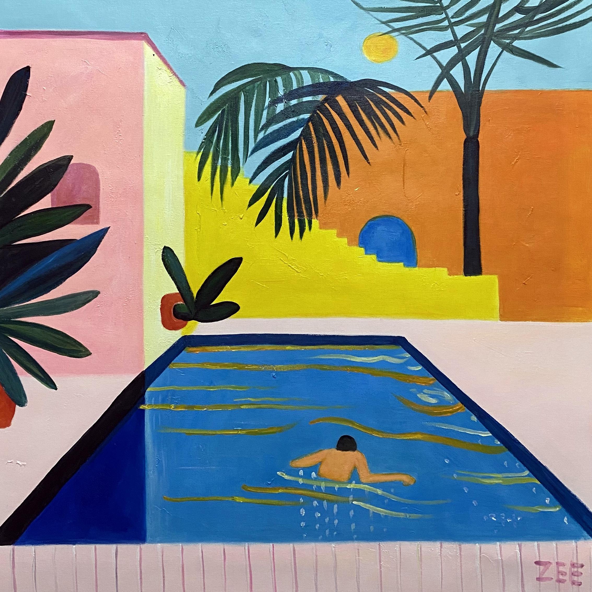 ZEE Figurative Painting – SONNENAUFGANG IM SCHWIMMBAD