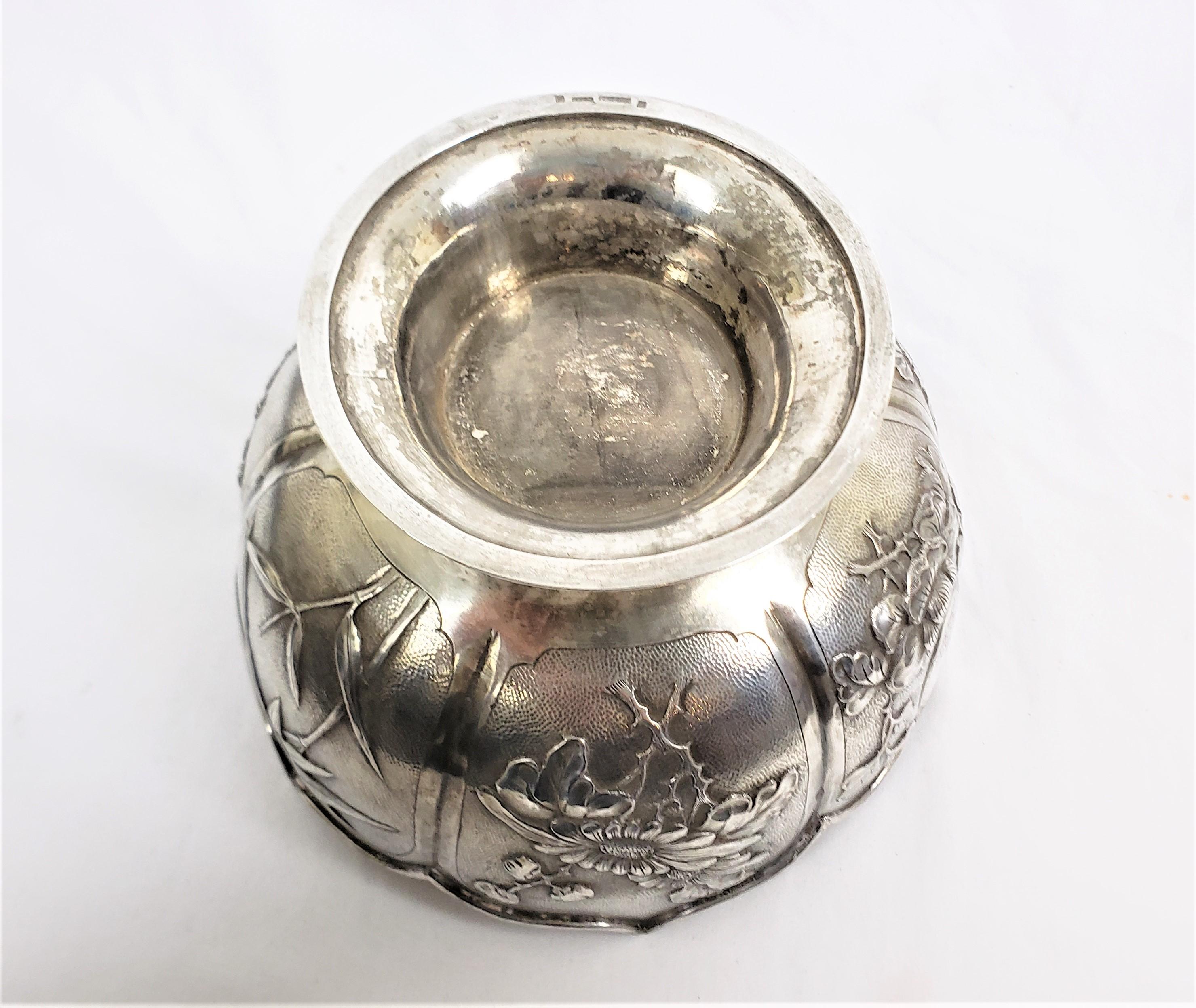 Zee Sung Signed Chinese Export Antique Chased Silver Presentation Bowl & Stand For Sale 4