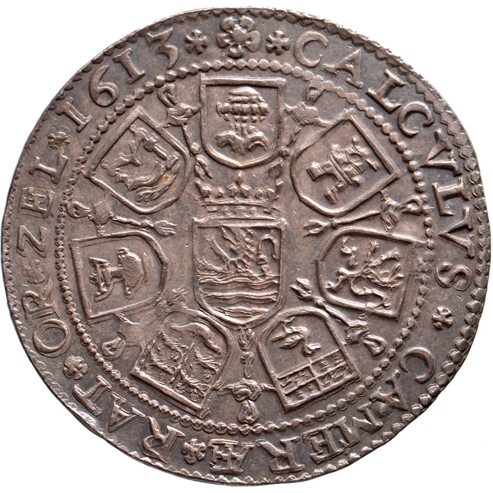 Obverse: HAC x VTIMVR x ILLO x NITIMVR x (rosette) x (mintmark Middelburg) x, Zeeland lion in waves with bundle of arrows, pointing at Jehovah in the clouds
Reverse: CALCVLVS * CAMERÆ * RAT * OR * ZEL * 1613 * (rozet) *, coats of arms of Zeeland