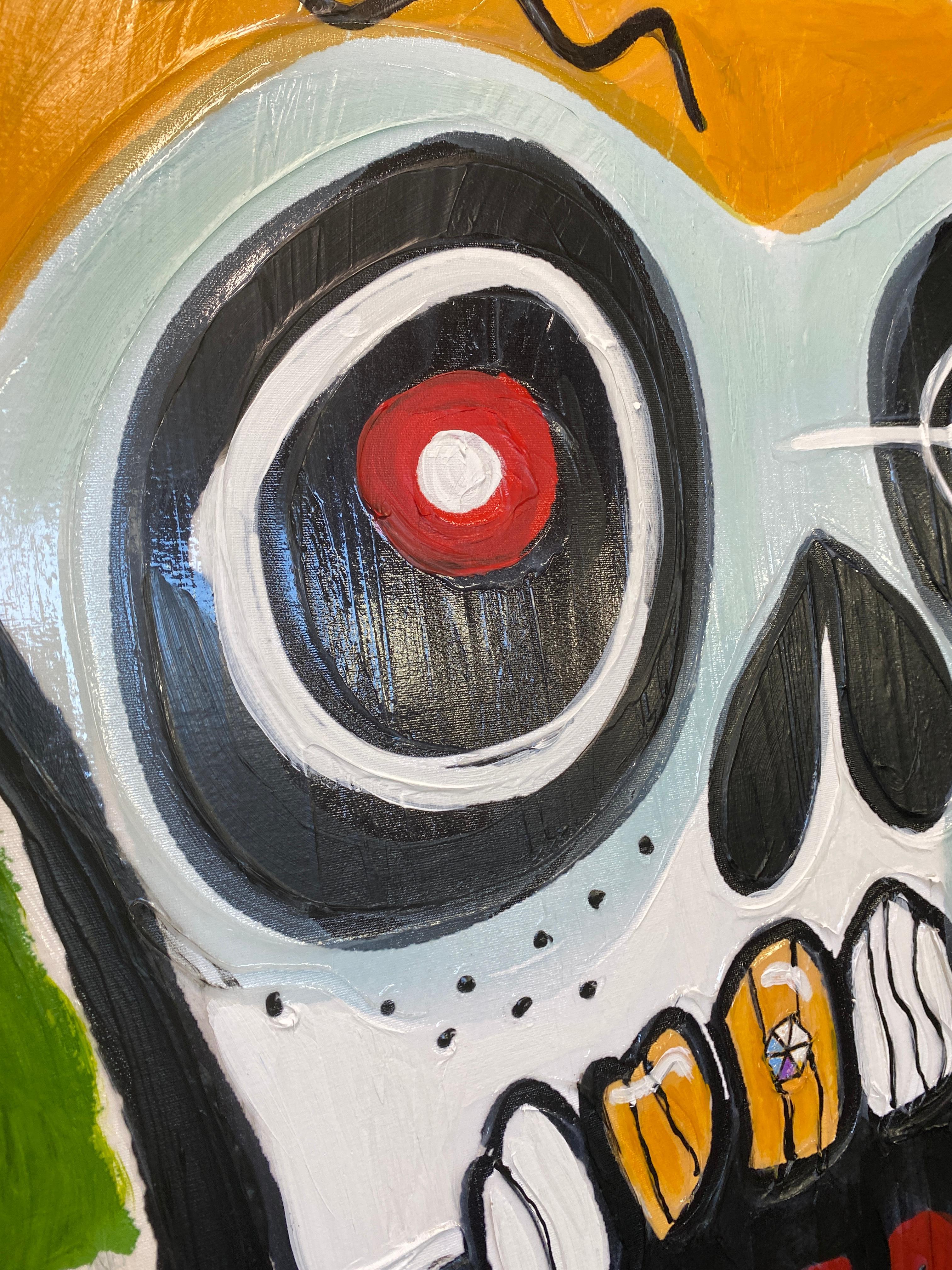Stay Happy, Calavera, Día de los Muertos, Pintura de calavera en técnica mixta H48 X W36