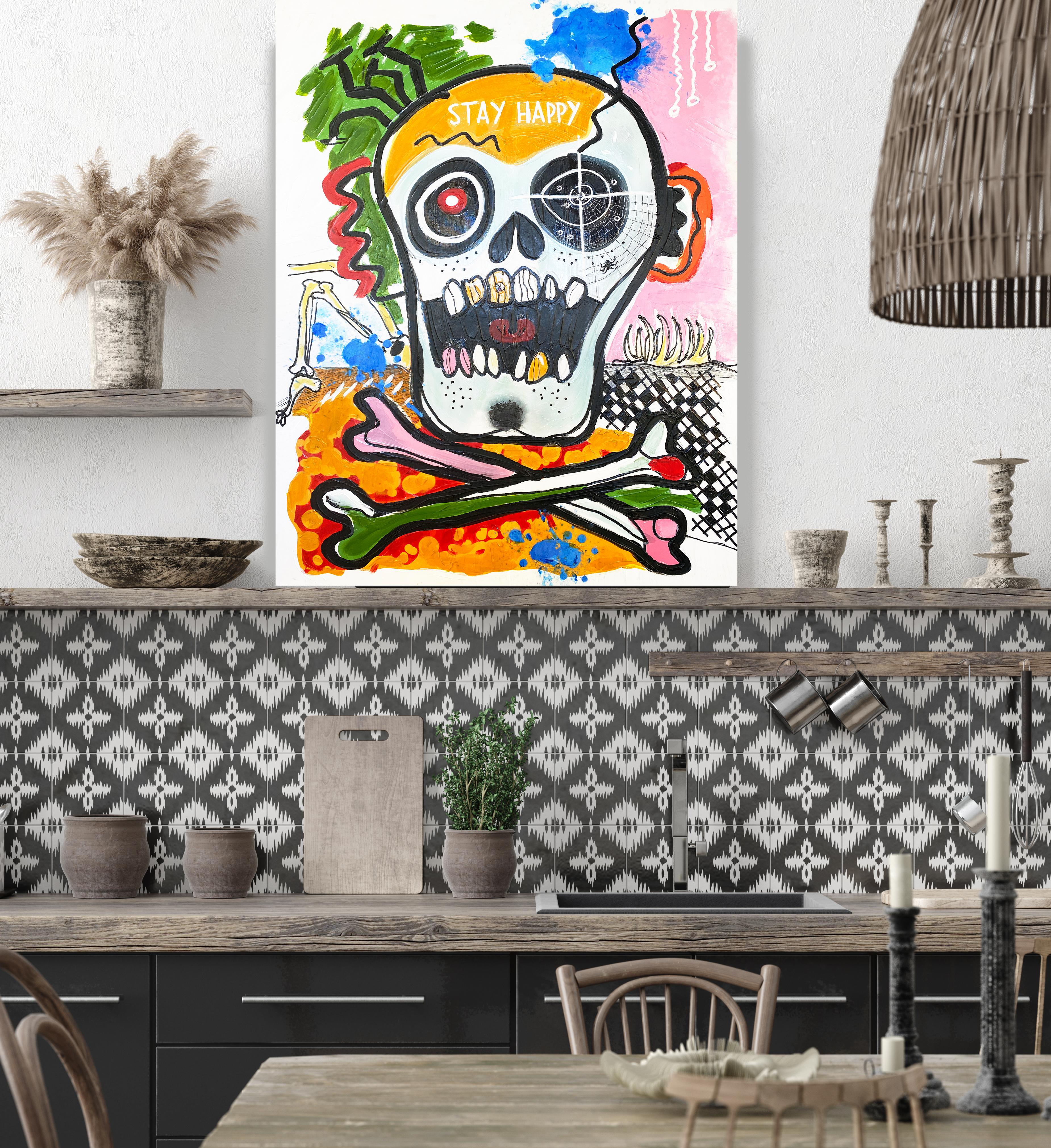 Stay Happy, Skull, Day of the Dead, Mixed Media Skull Painting H48 X W36" - Mixed Media Art by Zeev Orlov