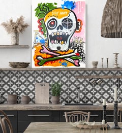 Stay Happy, Skull, Day of the Dead, Mixed Media Skull Painting H48 X W36"