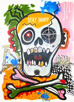 Stay Happy, teschio, Giorno dei Morti, pittura a tecnica mista con teschio H48 X W36"