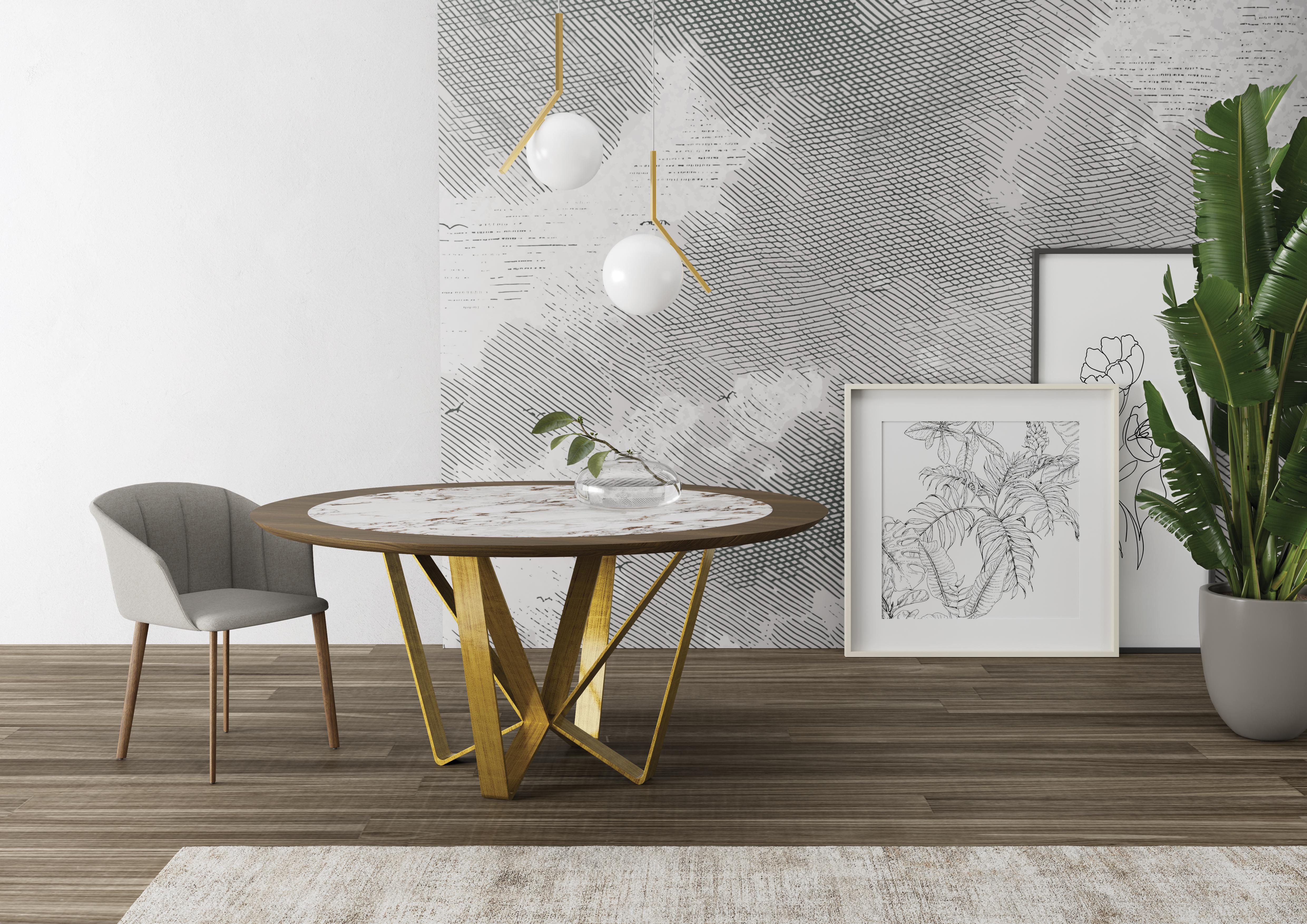Zefiro Dining Table by Chinellato Design
Dimensions: D 160 x H 73 cm
Materials:
Top: Canaletto walnut top with glossy Capraia ceramic.
Base: Patinated gold leaf-finished walnut.


Round dining table available in two sizes, offered with three