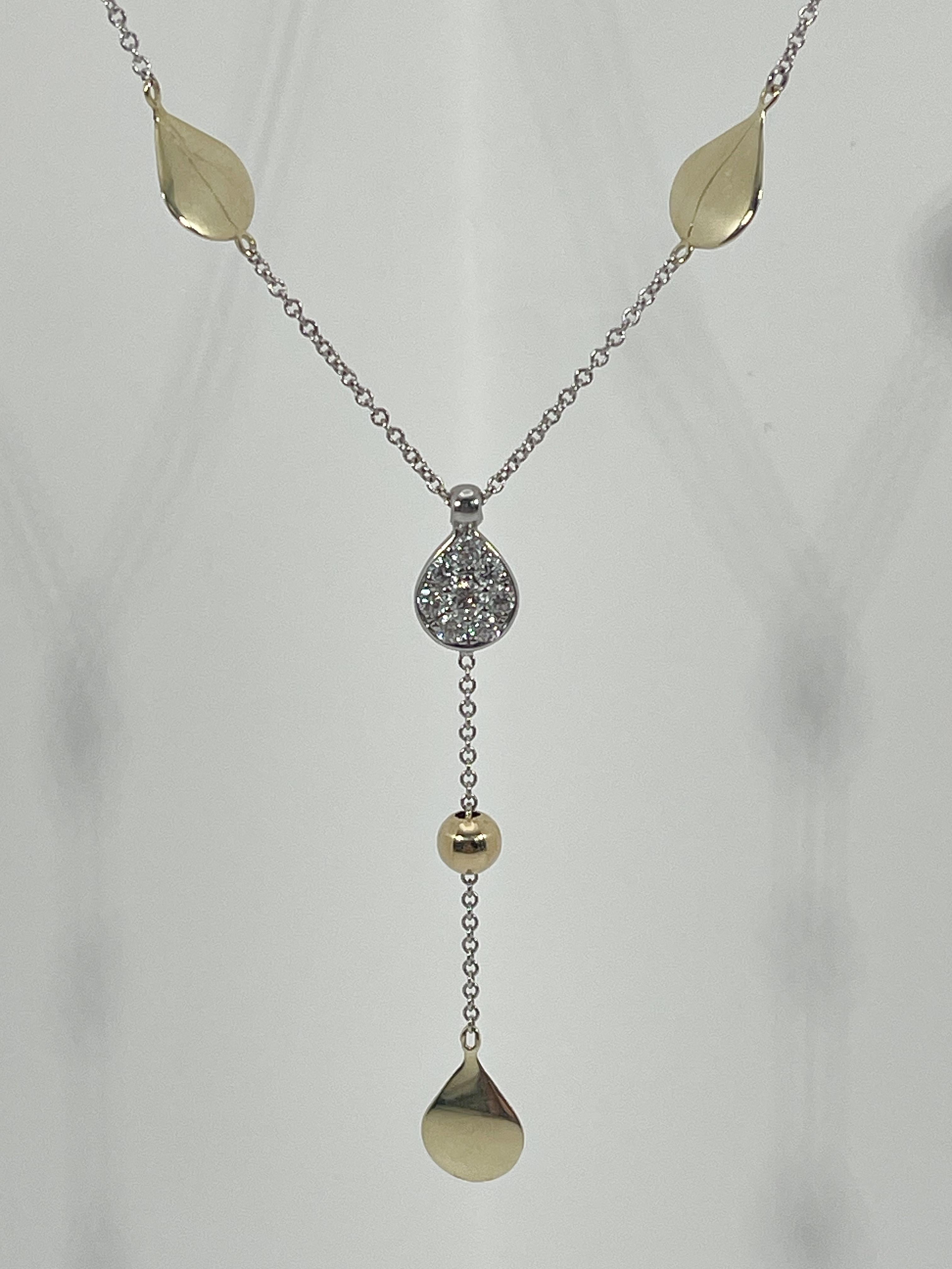 Round Cut Zeghani 14K Two Toned Lariat Teardrop Necklace w/ .23 CTW Diamonds  For Sale