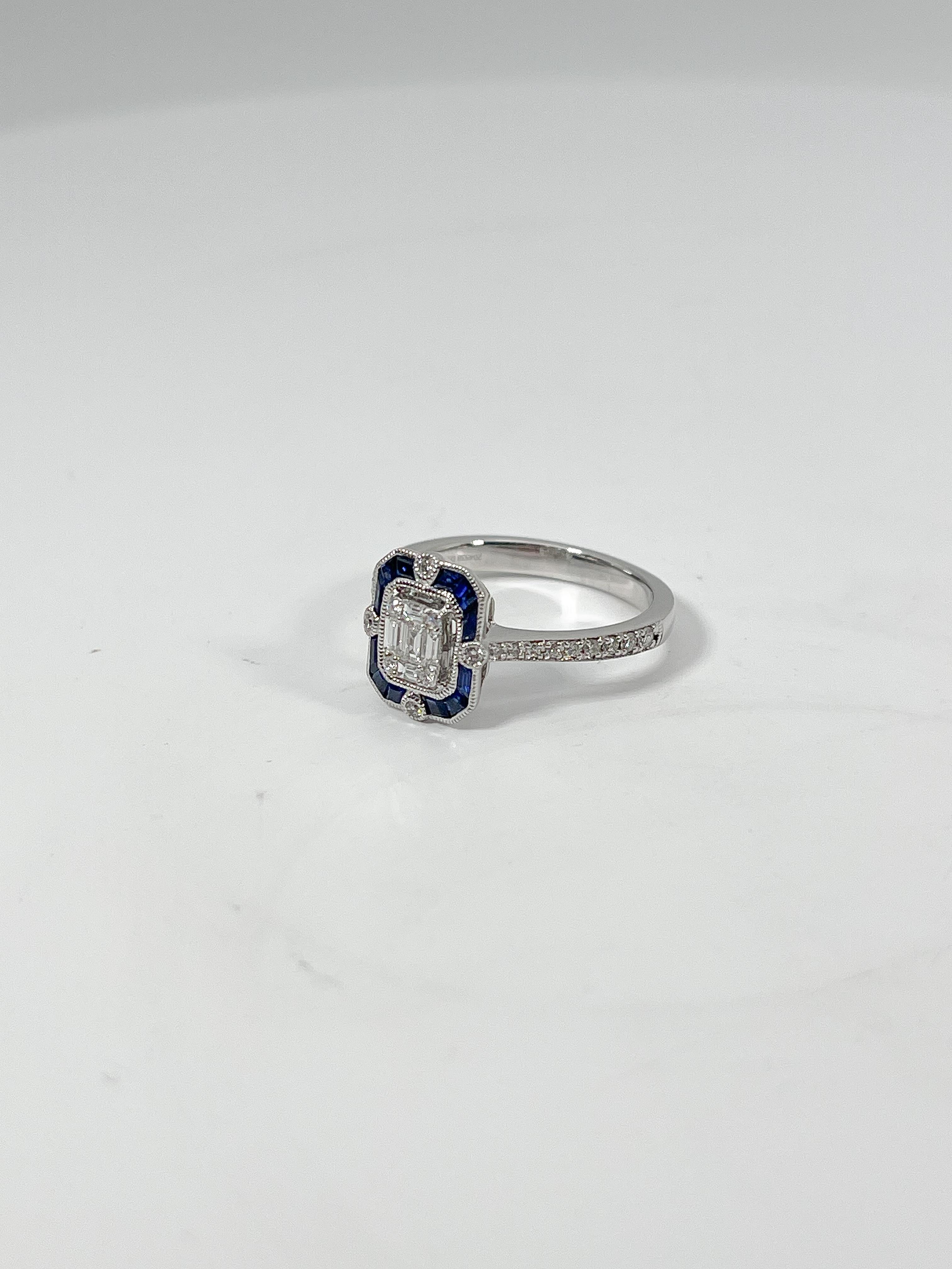 Baguette Cut Zeghani 14K White Gold .14 CTW Sapphire and .18 CTW Diamond Ring For Sale