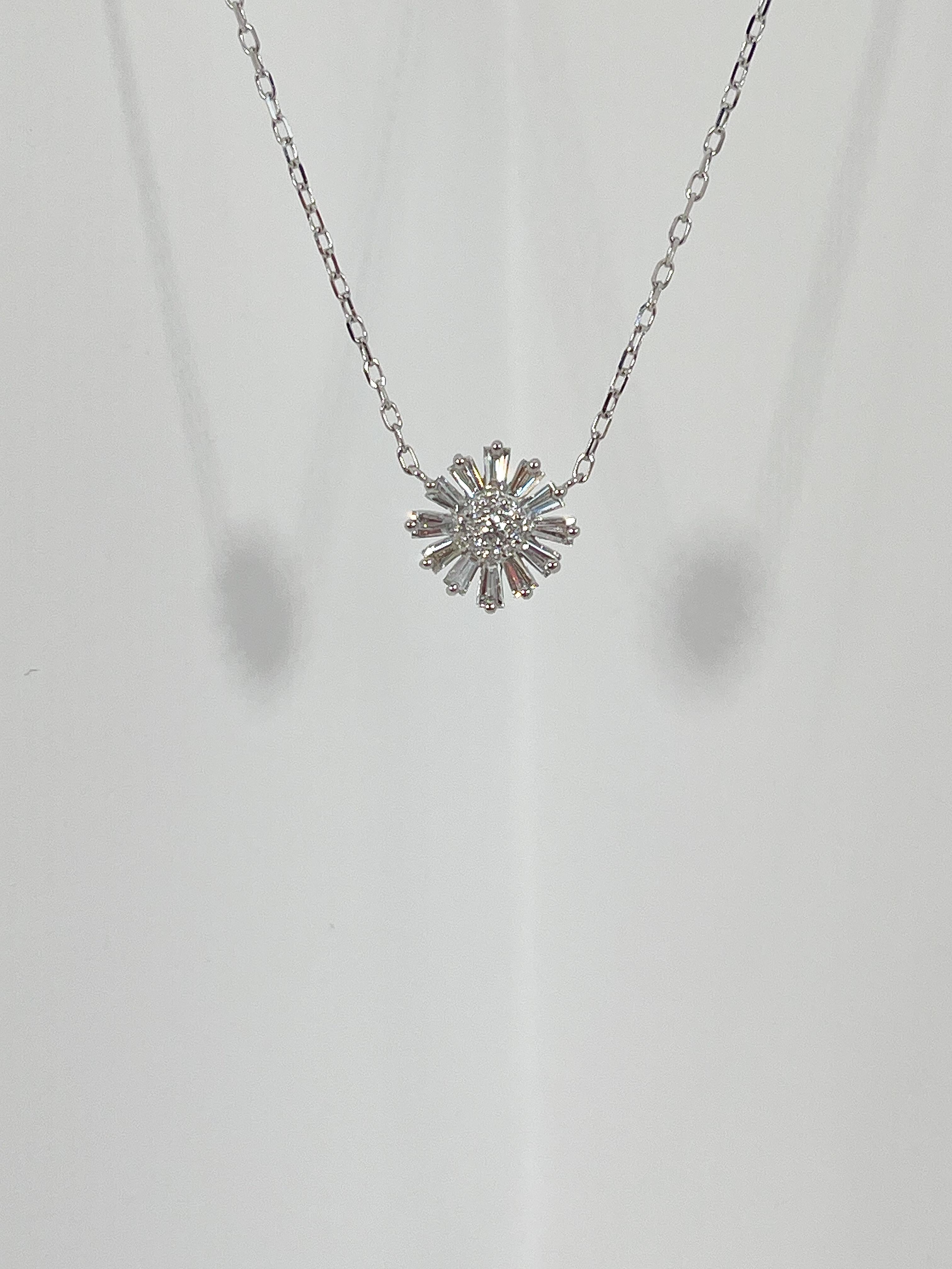 Baguette Cut Zeghani 14K White Gold .39 CTW Diamond Flower Pendant For Sale
