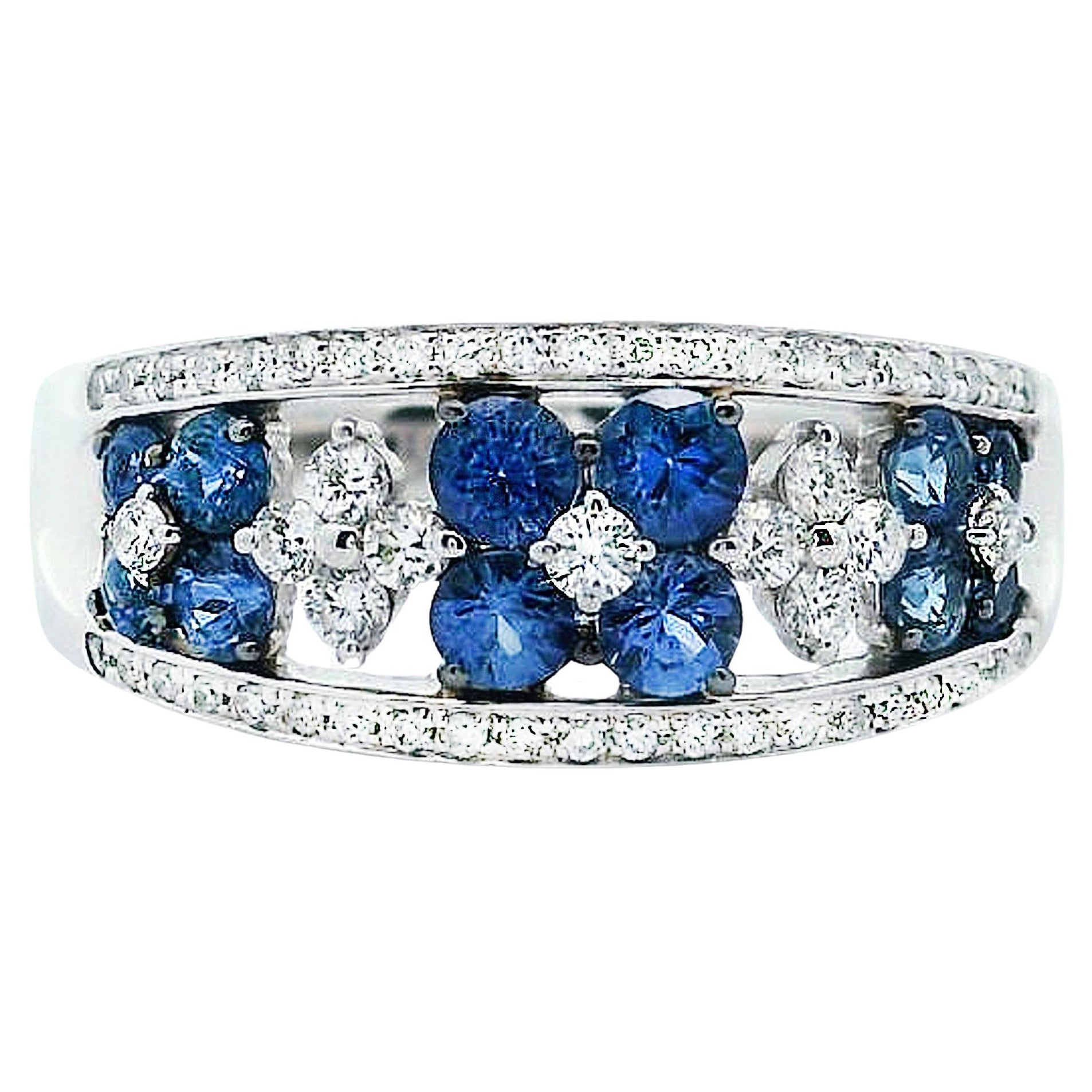 Zeghani 14K White Gold Round Blue Sapphire and Diamond Symmetrical Pattern Ring