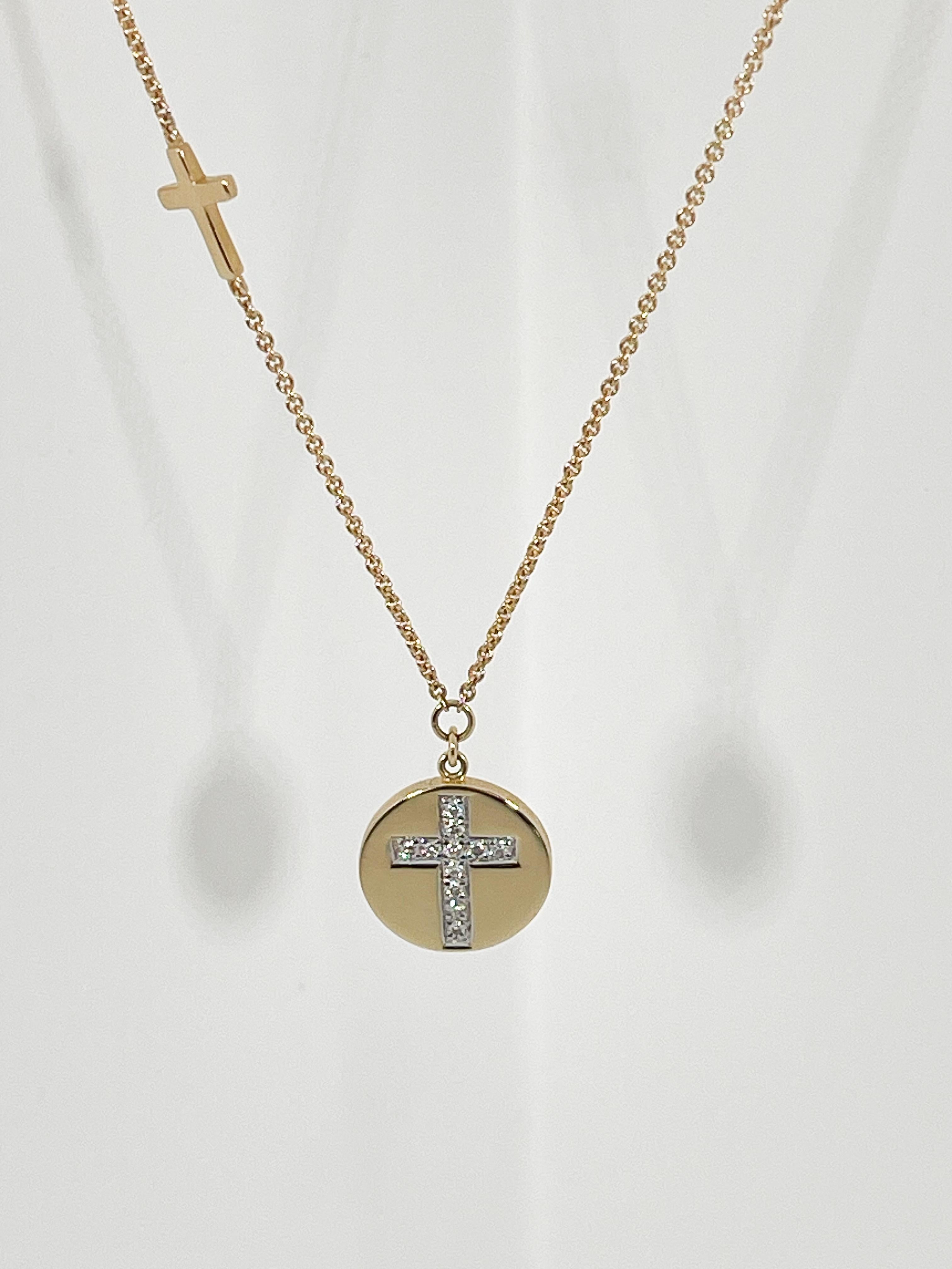 Round Cut Zeghani 14K Yellow Gold .05 CTW Diamond Cross Disc Necklace For Sale