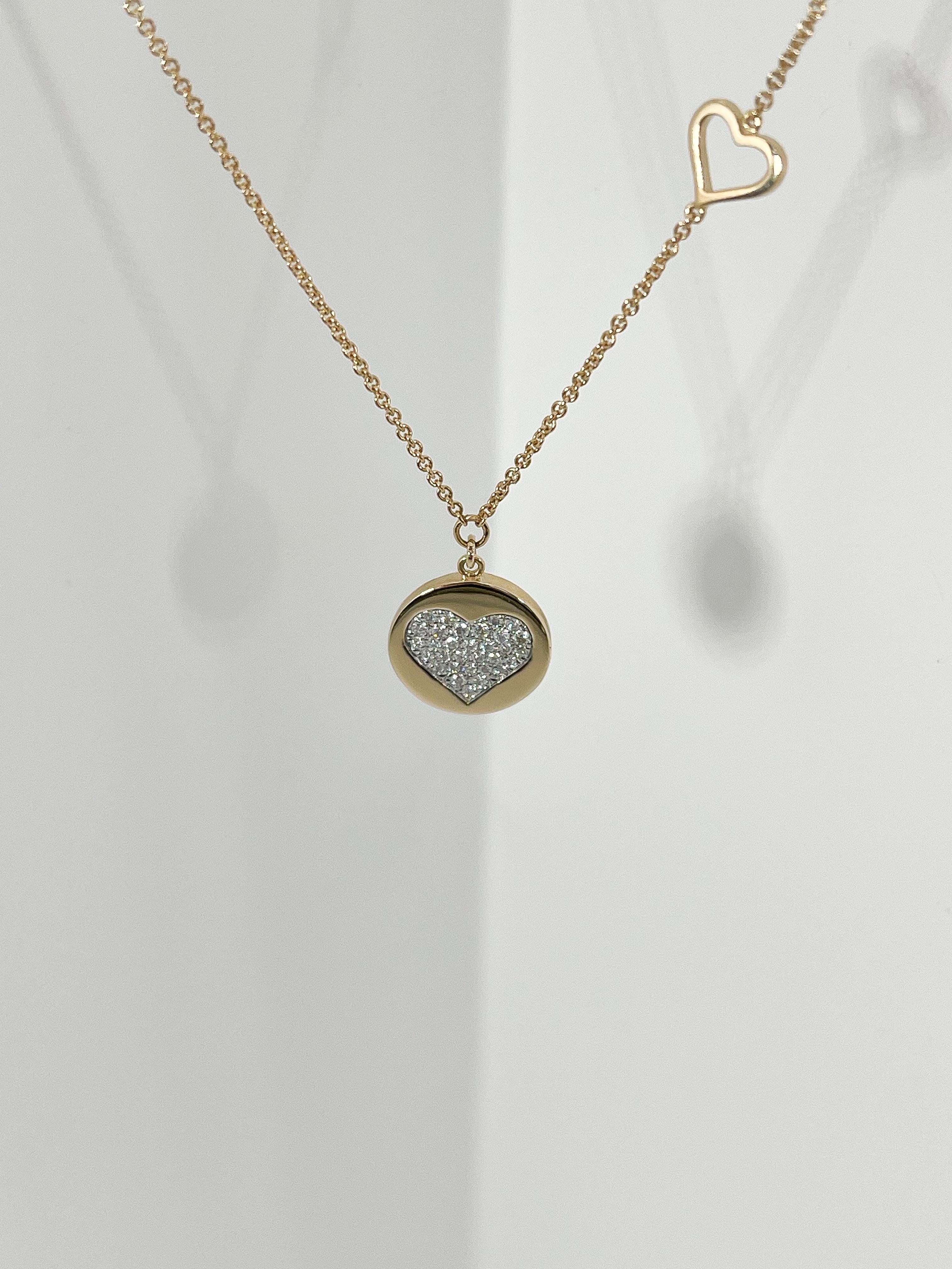 Round Cut Zeghani 14K Yellow Gold .10 CTW Diamond Heart Disc Necklace For Sale