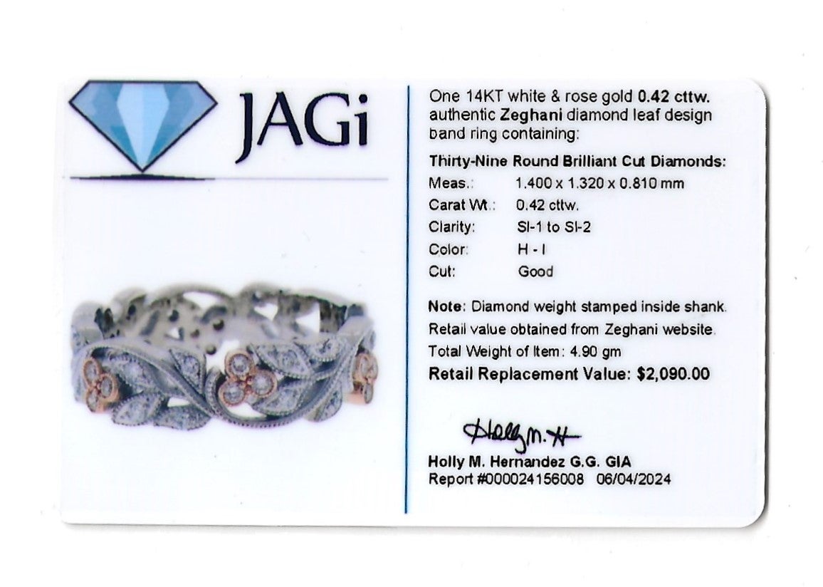 Anillo de diamantes Zeghani con diseño de hoja y milgrain de oro blanco y rosa de 14 quilates en venta 5