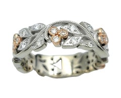 Zeghani Diamond Leaf Design Band Ring with Milgrain 14 Karat White & Rose Gold
