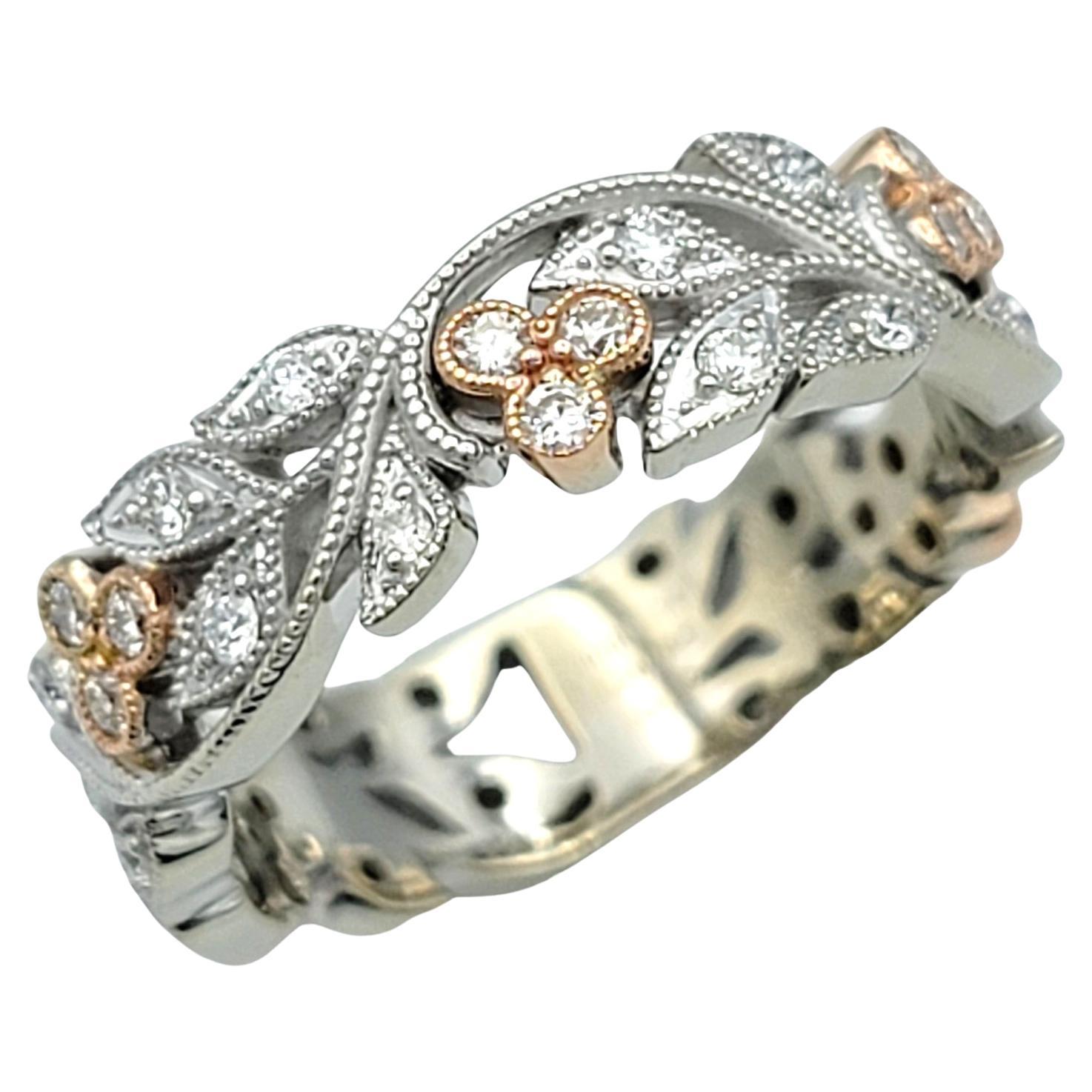 Anillo de diamantes Zeghani con diseño de hoja y milgrain de oro blanco y rosa de 14 quilates Contemporáneo en venta