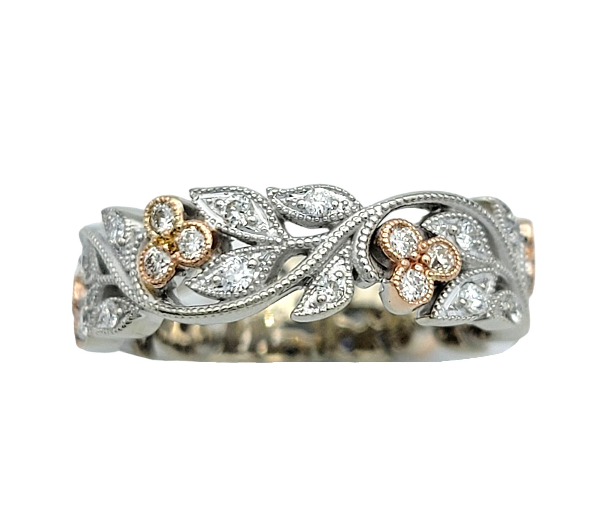 Anillo de diamantes Zeghani con diseño de hoja y milgrain de oro blanco y rosa de 14 quilates Corte redondo en venta