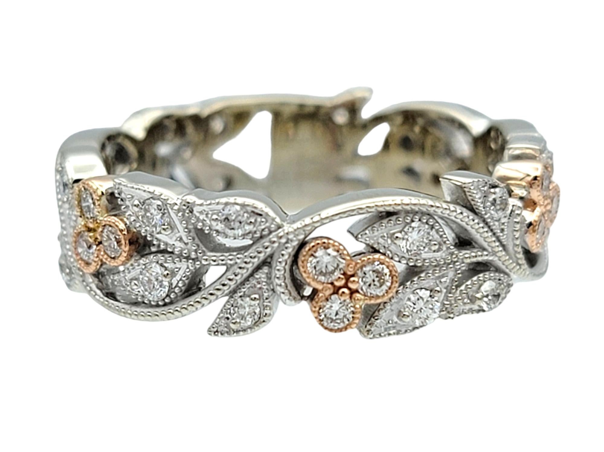 Anillo de diamantes Zeghani con diseño de hoja y milgrain de oro blanco y rosa de 14 quilates en Bueno estado para la venta en Scottsdale, AZ