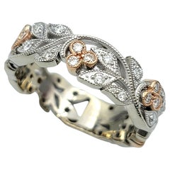 Zeghani Diamond Leaf Design Band Ring with Milgrain 14 Karat White & Rose Gold