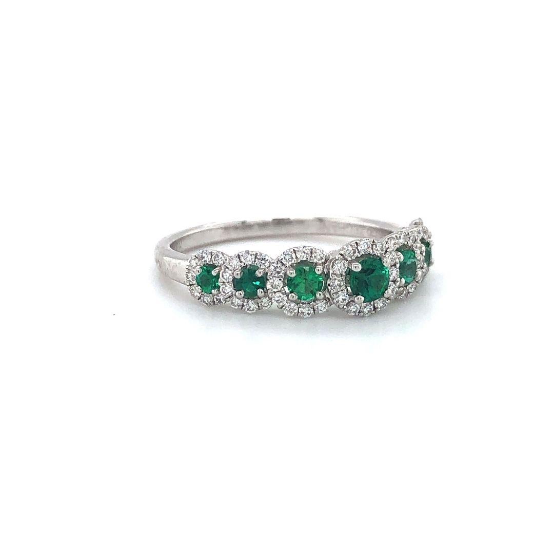 Zeghani Emerald and Diamond Halo Band Ring 14 Karat White Gold In Good Condition In Guilford, CT
