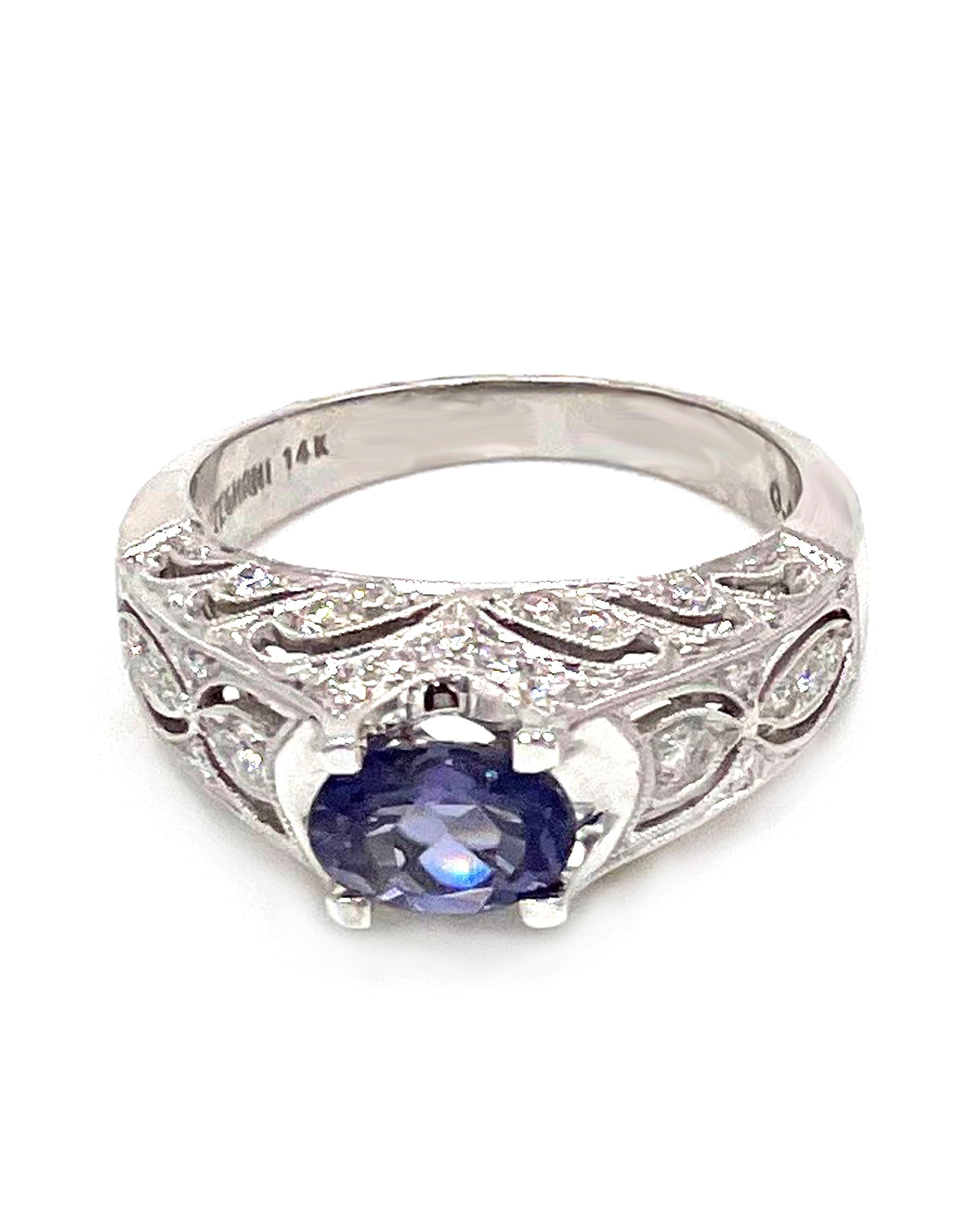Contemporary Vintage Inspired Solitaire Ring in 14K White Gold with Oval Iolite and Diamonds For Sale
