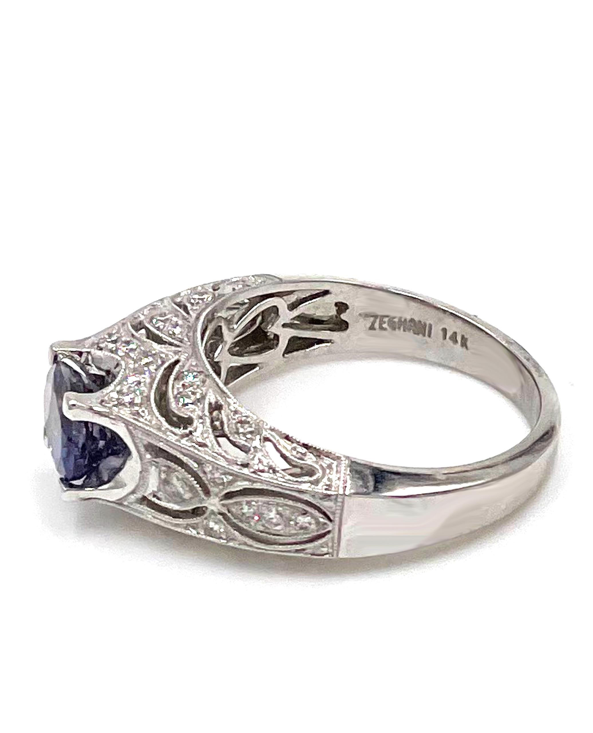 Oval Cut Vintage Inspired Solitaire Ring in 14K White Gold with Oval Iolite and Diamonds For Sale