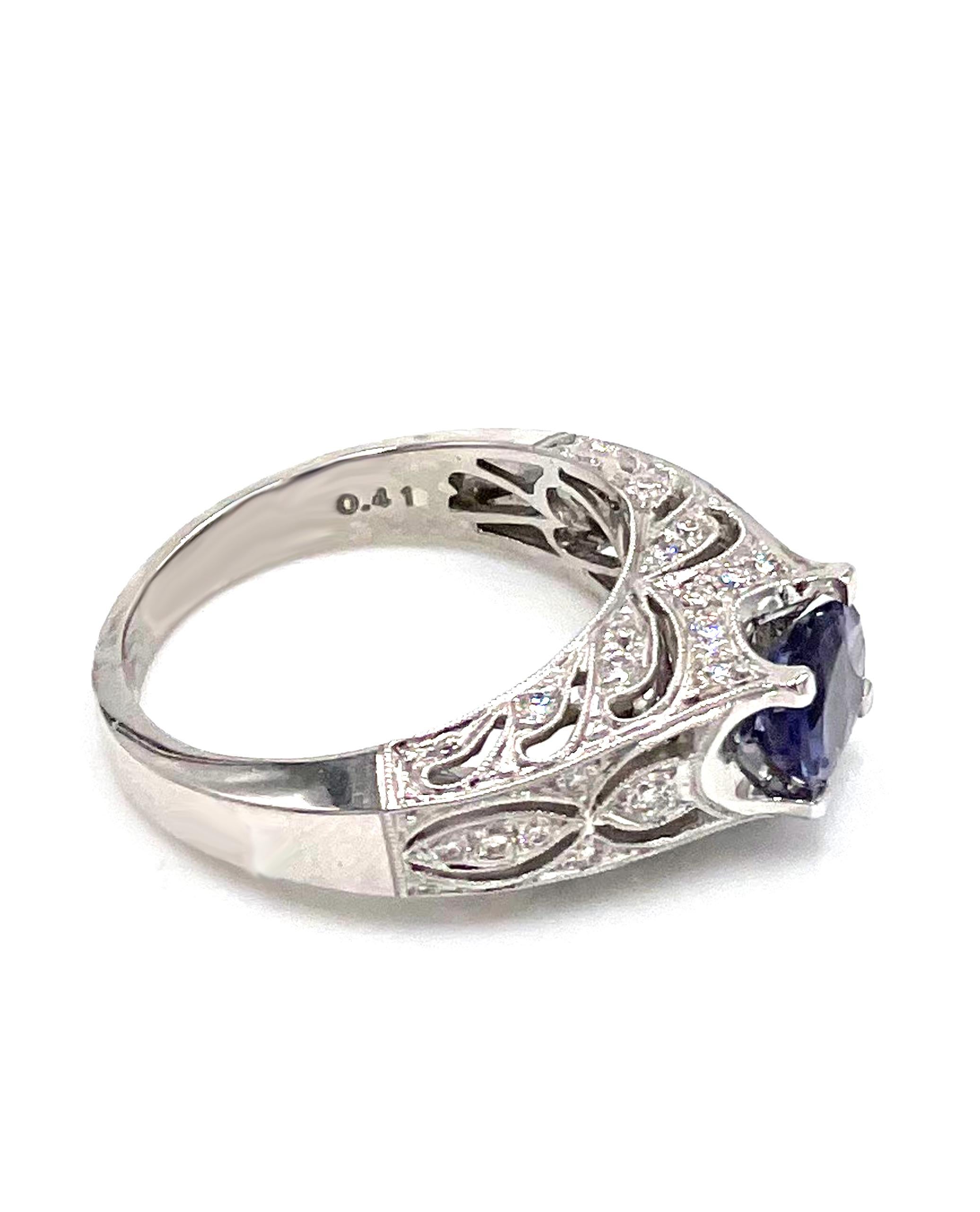 Vintage Inspired Solitaire Ring in 14K White Gold with Oval Iolite and Diamonds In New Condition For Sale In Old Tappan, NJ