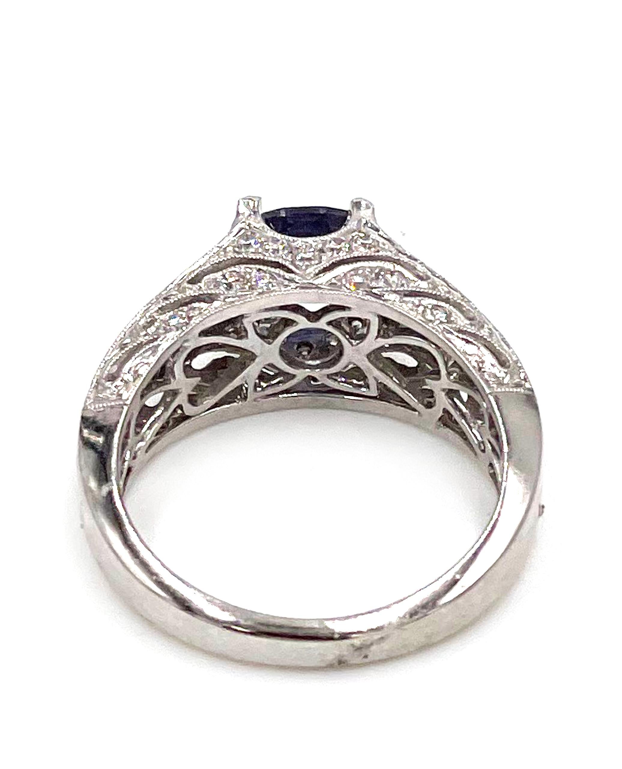 Women's Vintage Inspired Solitaire Ring in 14K White Gold with Oval Iolite and Diamonds For Sale