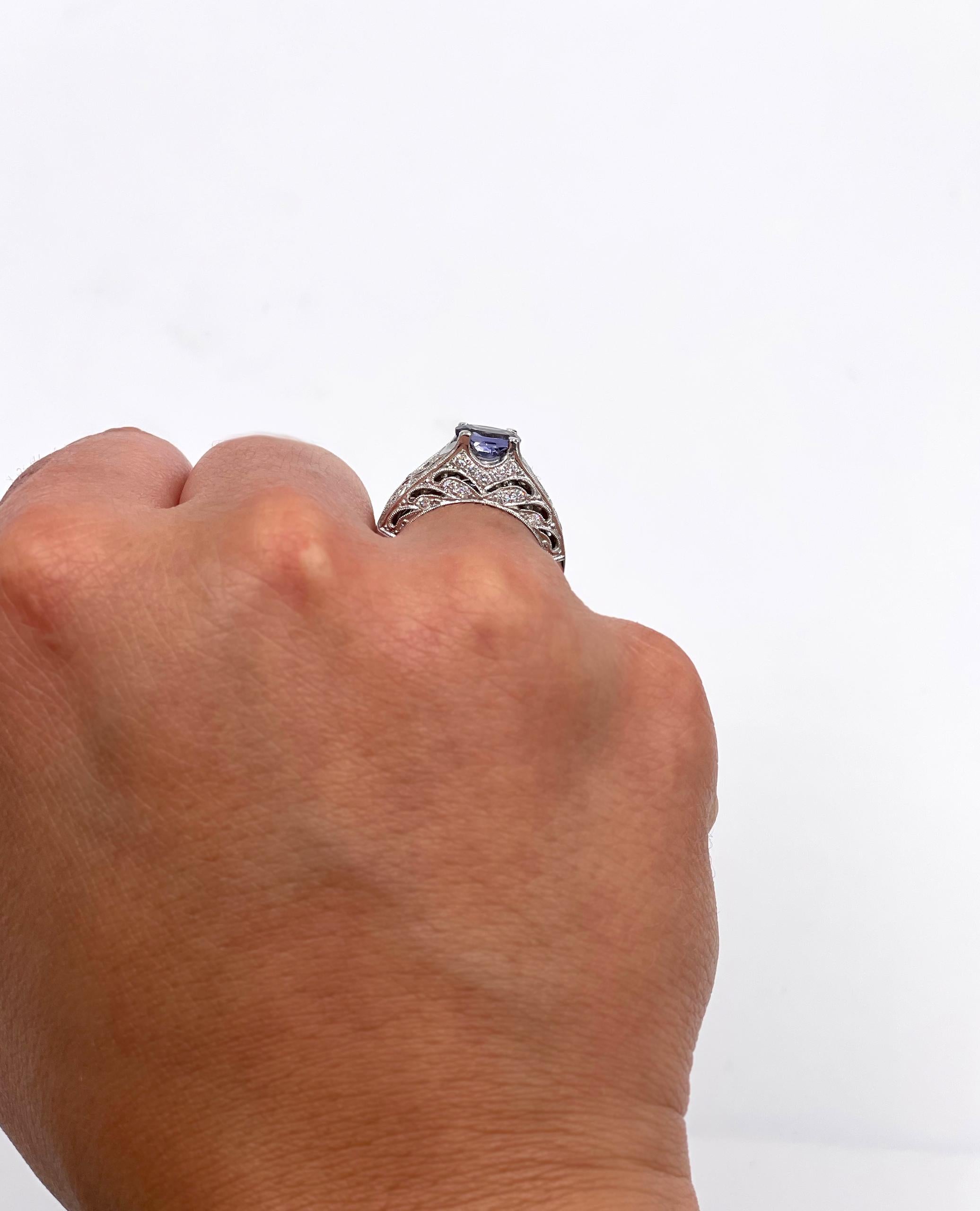 Vintage Inspired Solitaire Ring in 14K White Gold with Oval Iolite and Diamonds For Sale 1