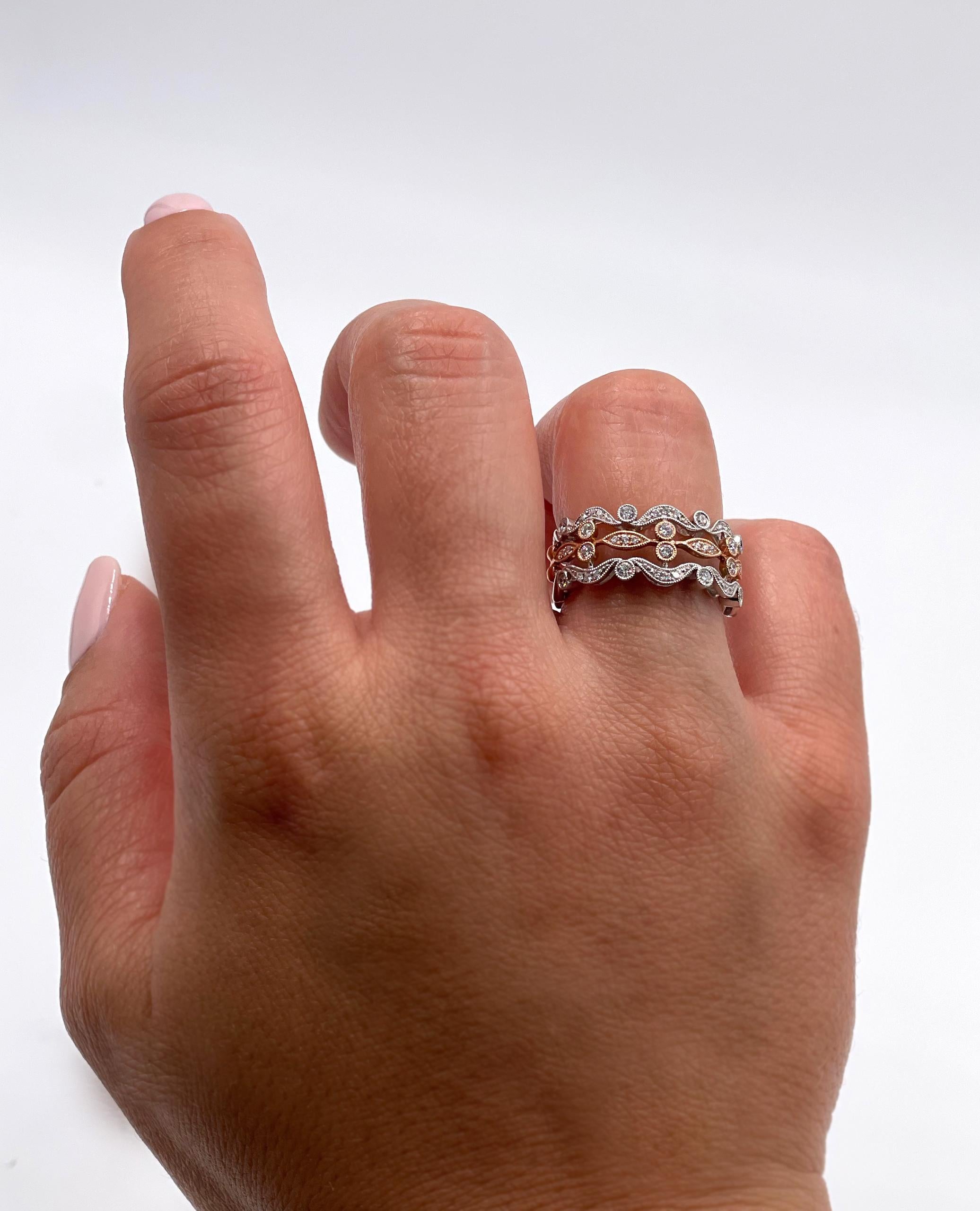 Contemporary Vintage Inspired -Three Row Right Hand Ring, 14K Rose & White Gold with Diamonds For Sale