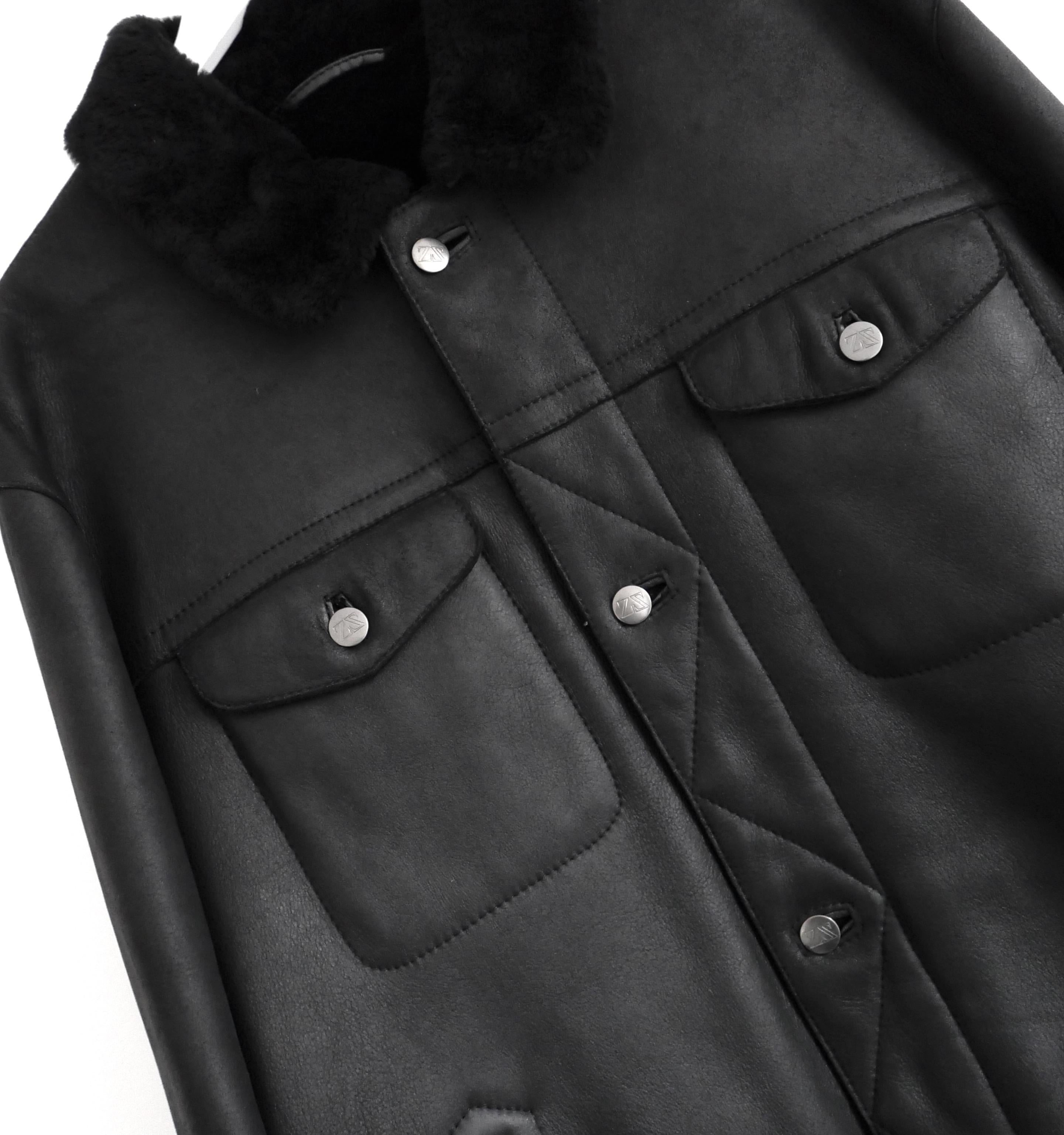 Black Zegna Sport Shearling Lined Lamb Leather Short Coat Jacket For Sale