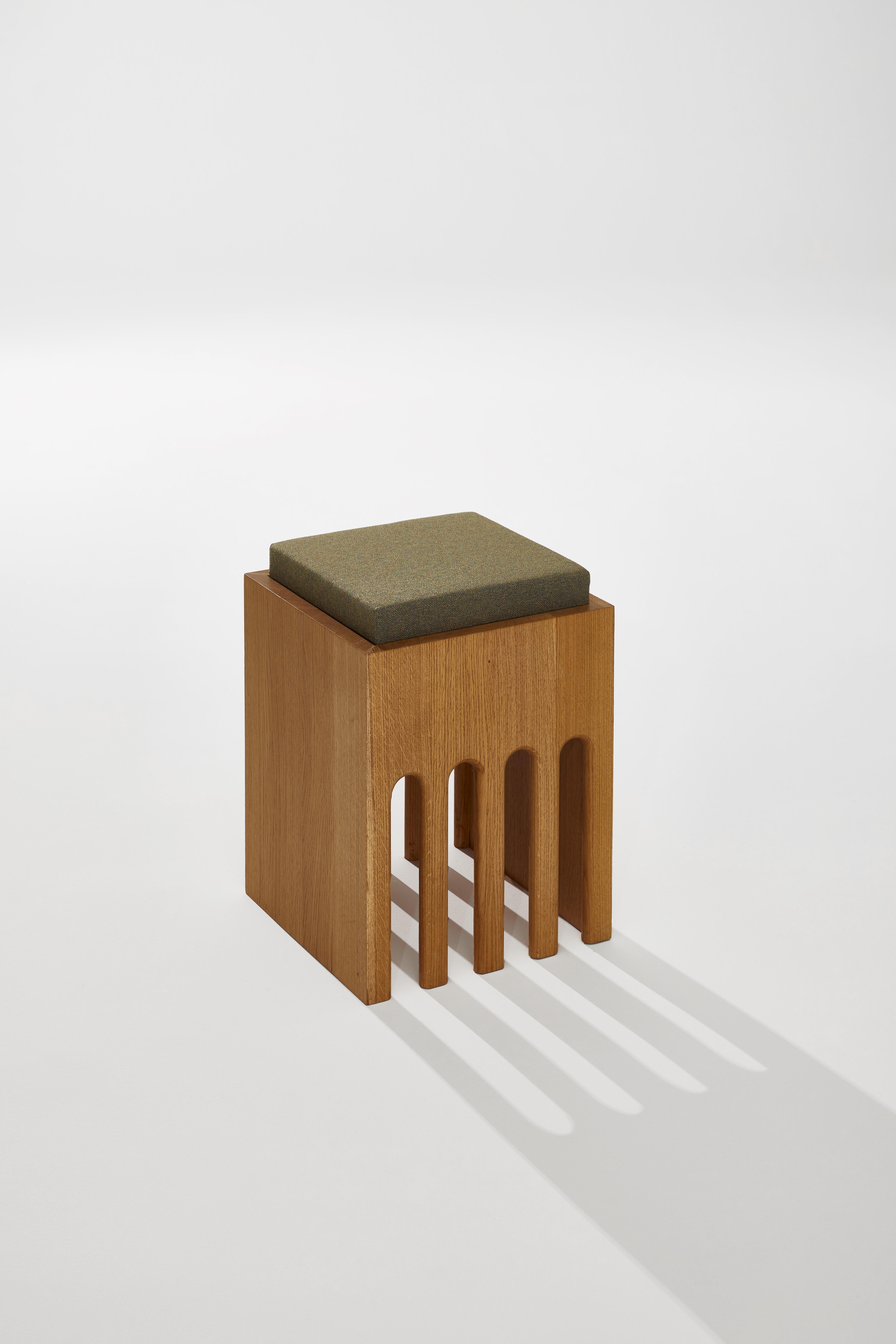Rectangular Prism Base Stool in Oak Wood And Cushion by Heilig Objects For Sale 2