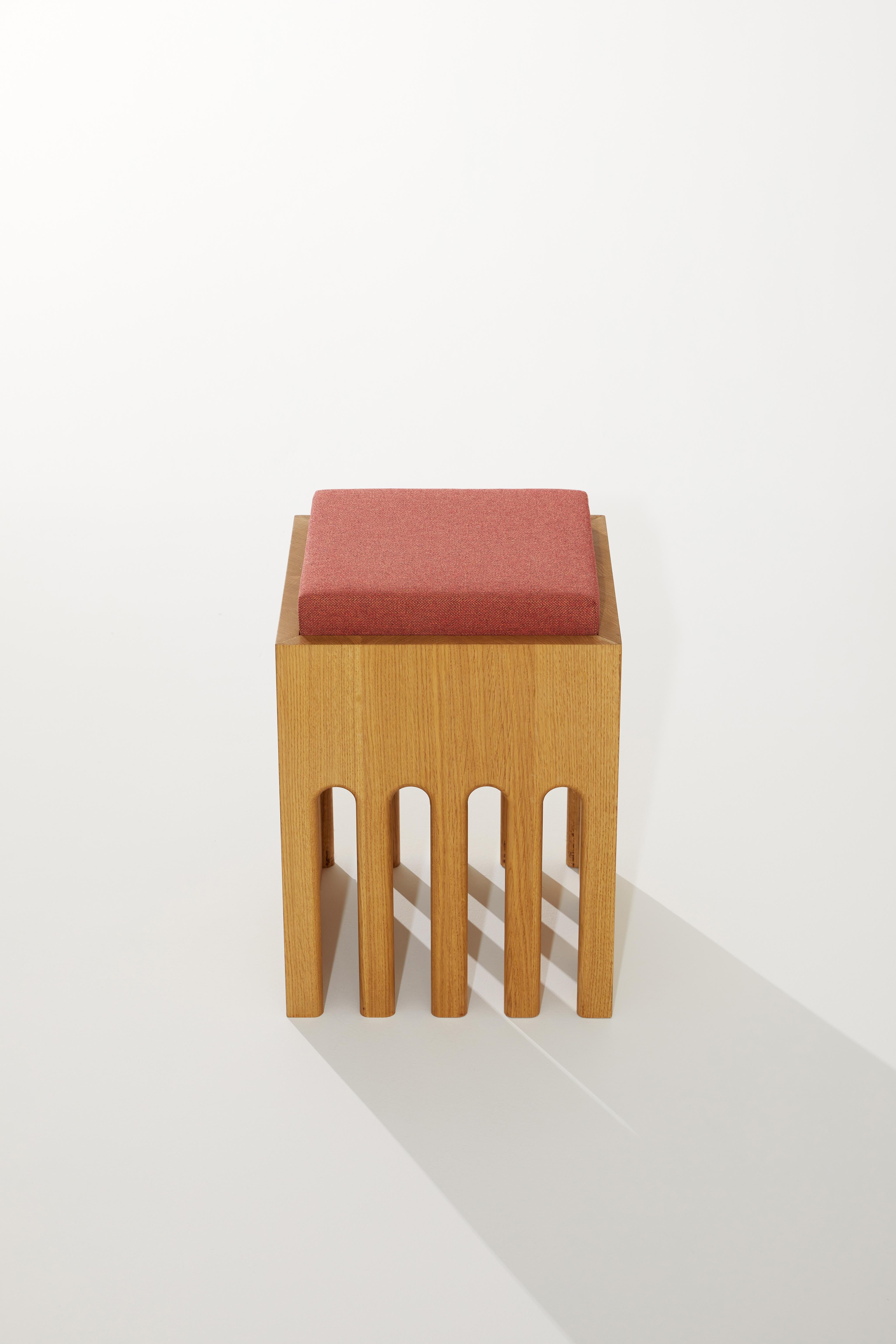 Rectangular Prism Base Stool in Oak Wood And Cushion by Heilig Objects For Sale 3
