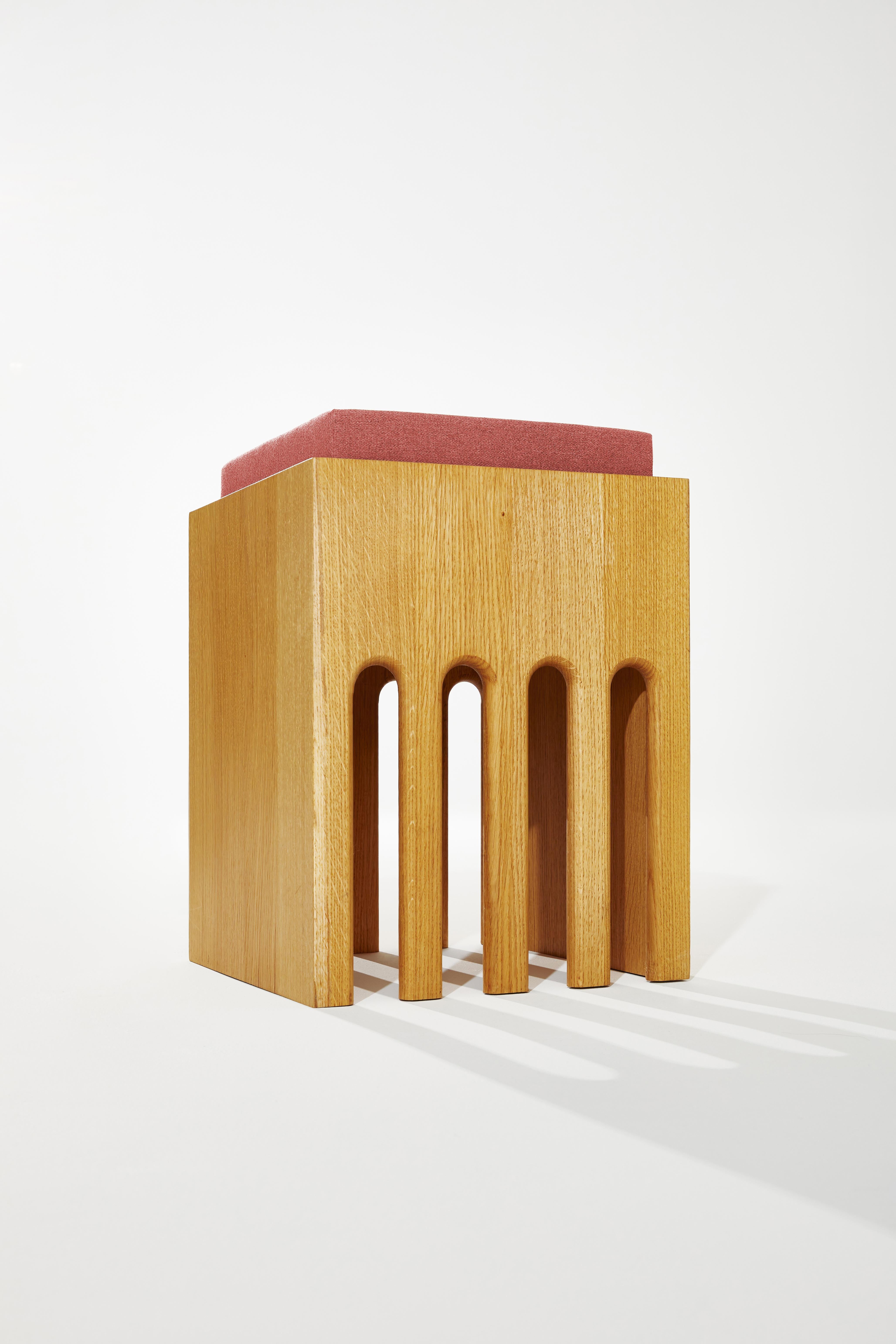 Rectangular Prism Base Stool in Oak Wood And Cushion by Heilig Objects For Sale 4