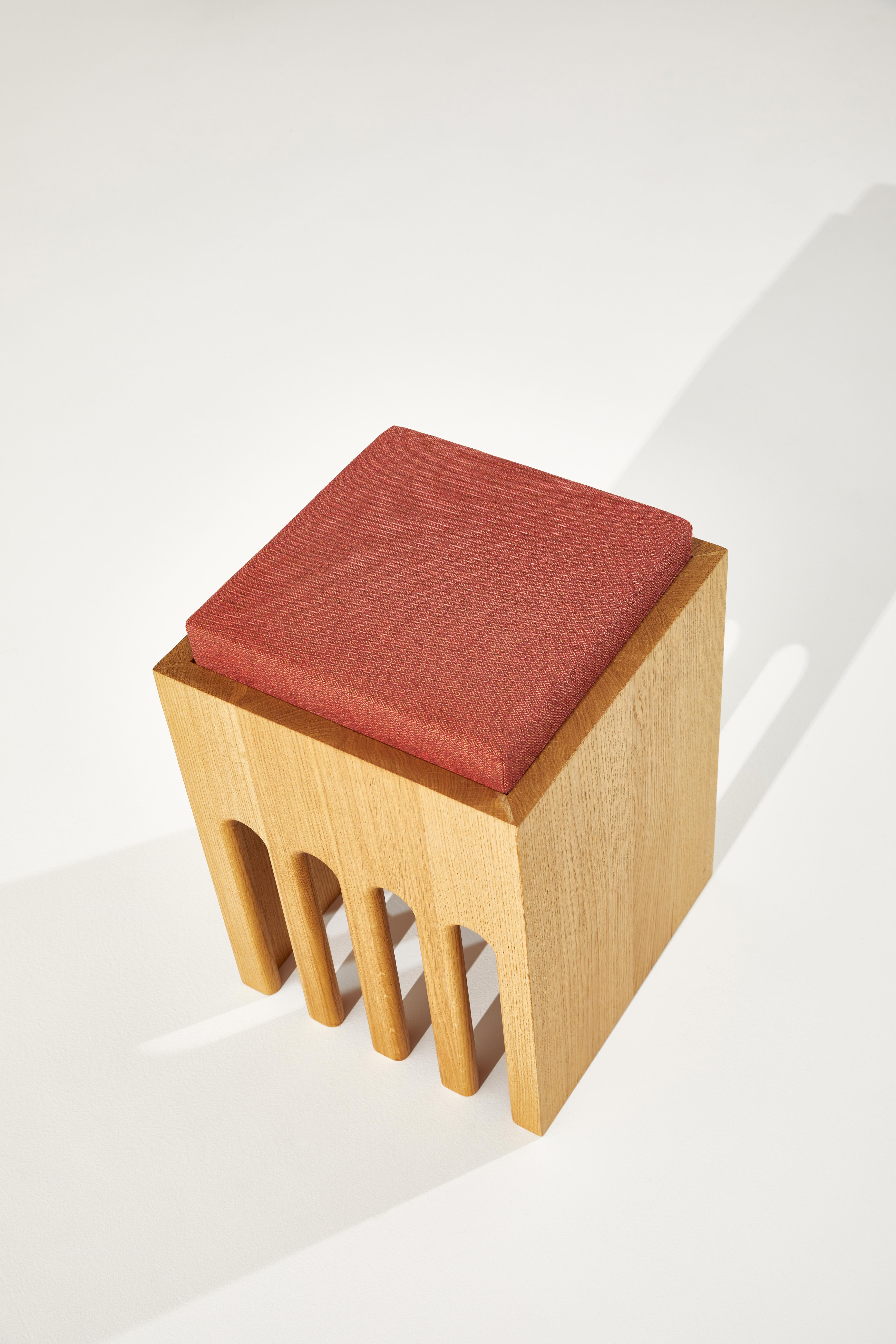 Rectangular Prism Base Stool in Oak Wood And Cushion by Heilig Objects For Sale 5