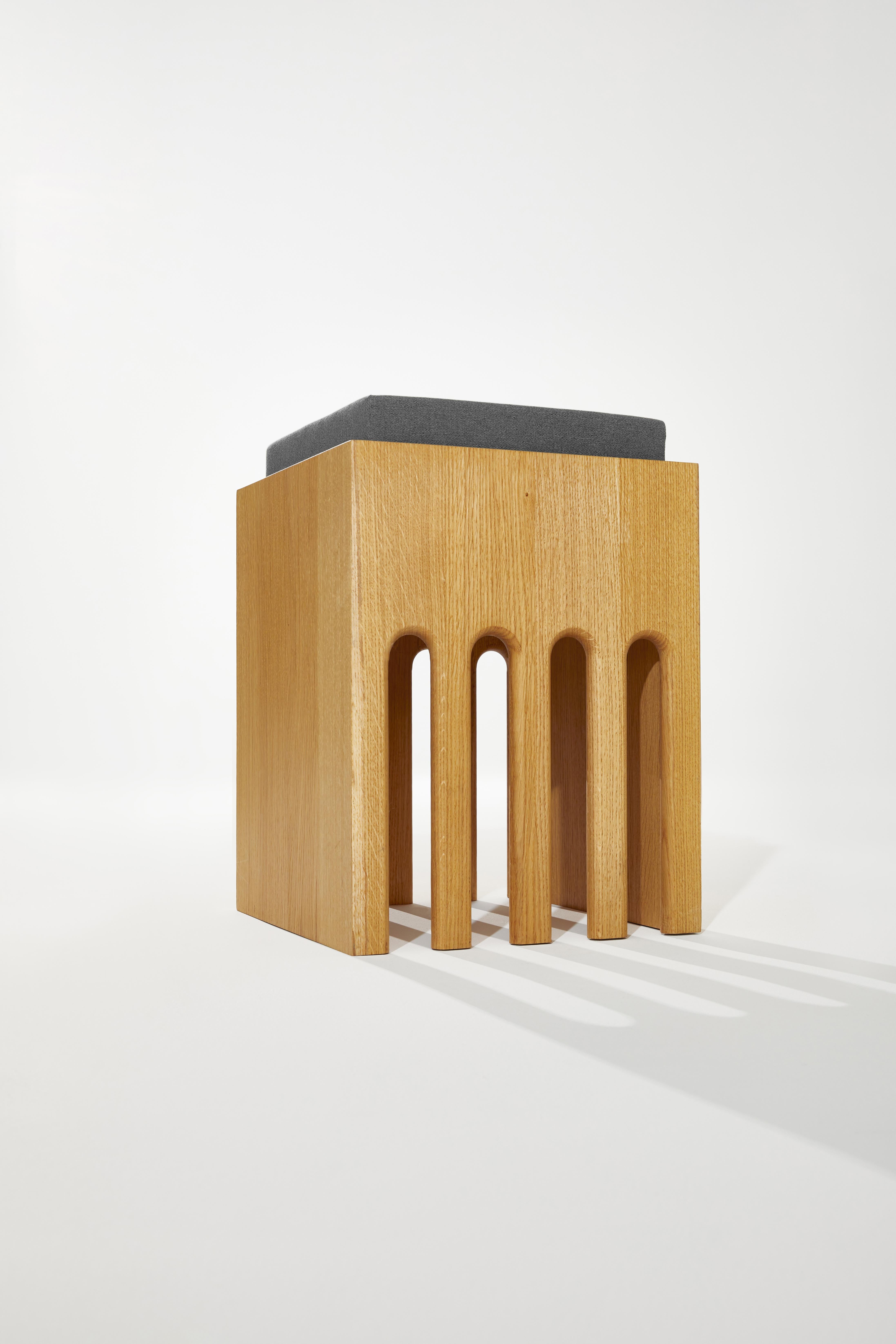Post-Modern Rectangular Prism Base Stool in Oak Wood And Cushion by Heilig Objects For Sale