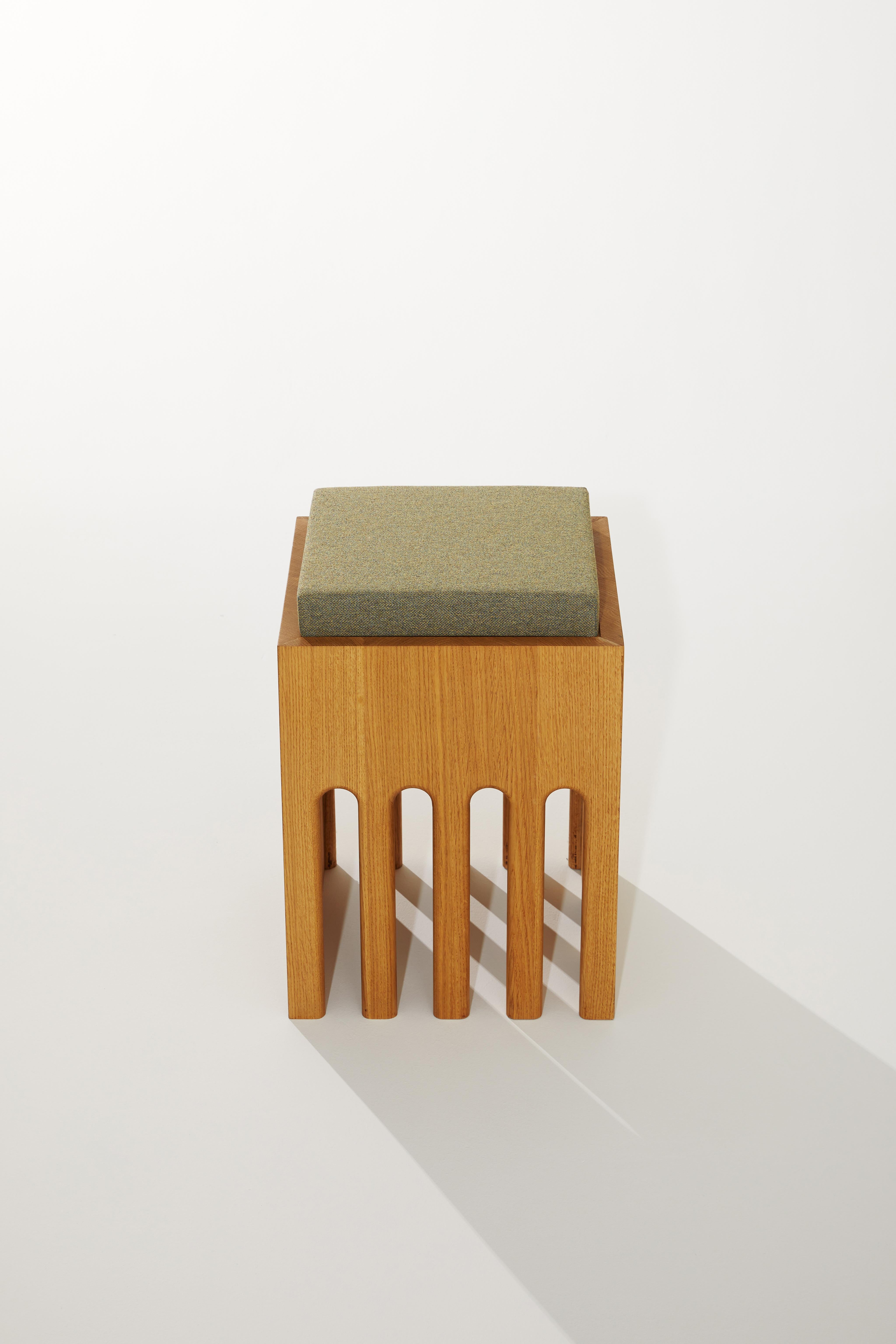 Yarn Rectangular Prism Base Stool in Oak Wood And Cushion by Heilig Objects For Sale