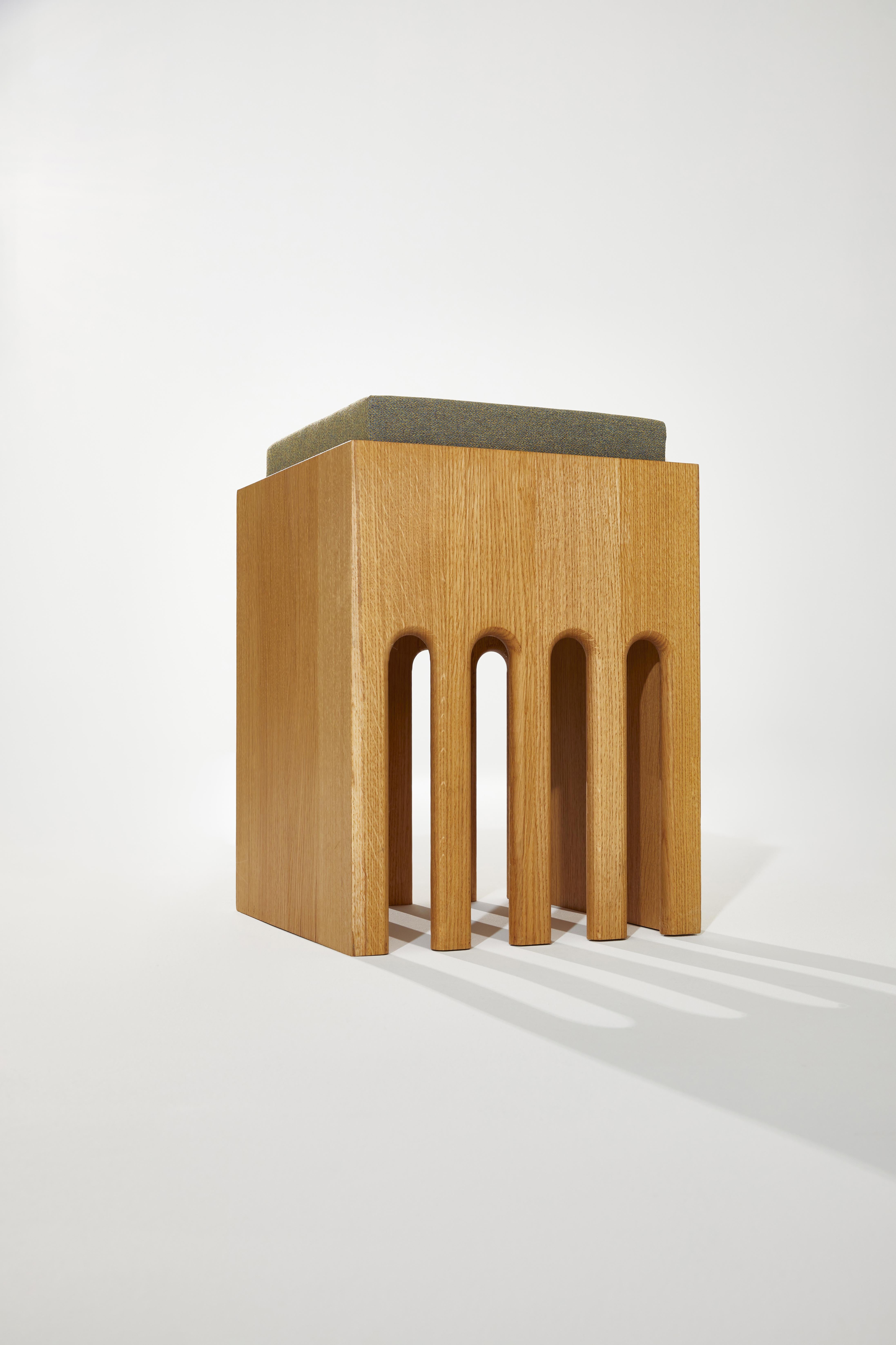 Rectangular Prism Base Stool in Oak Wood And Cushion by Heilig Objects For Sale 1