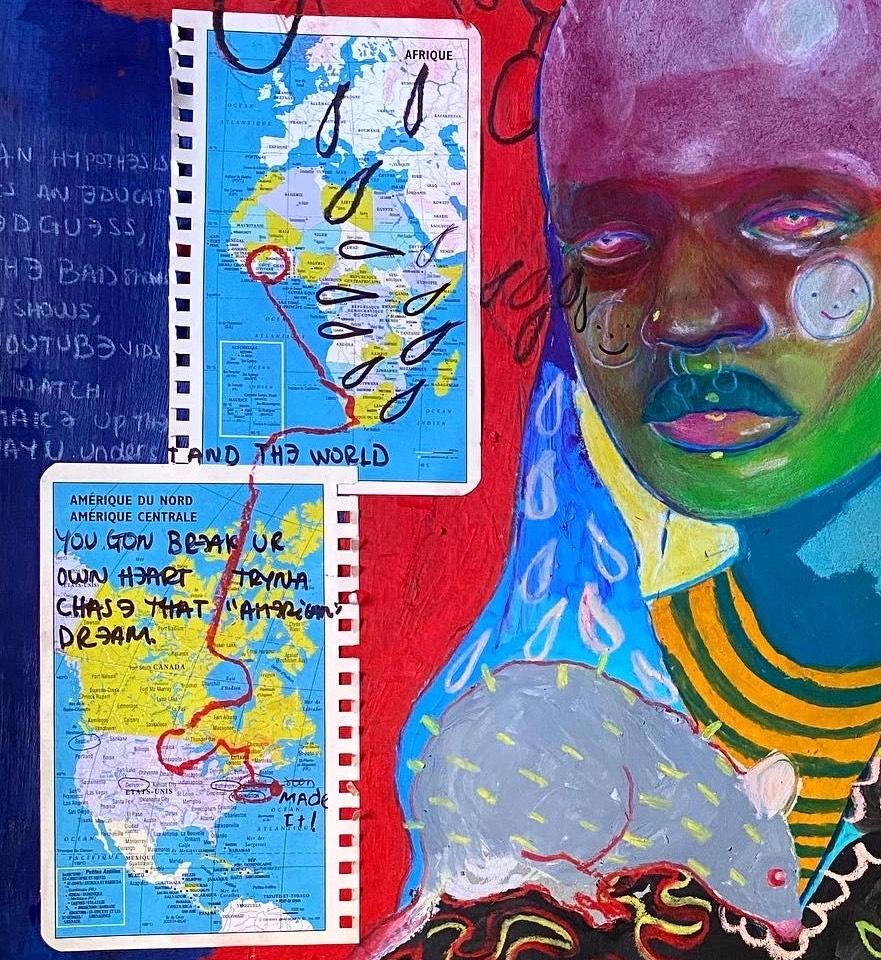 I broke my own heart with a visa: Black African woman w/ rats, text, collage map - Painting by Zeinab Diomande