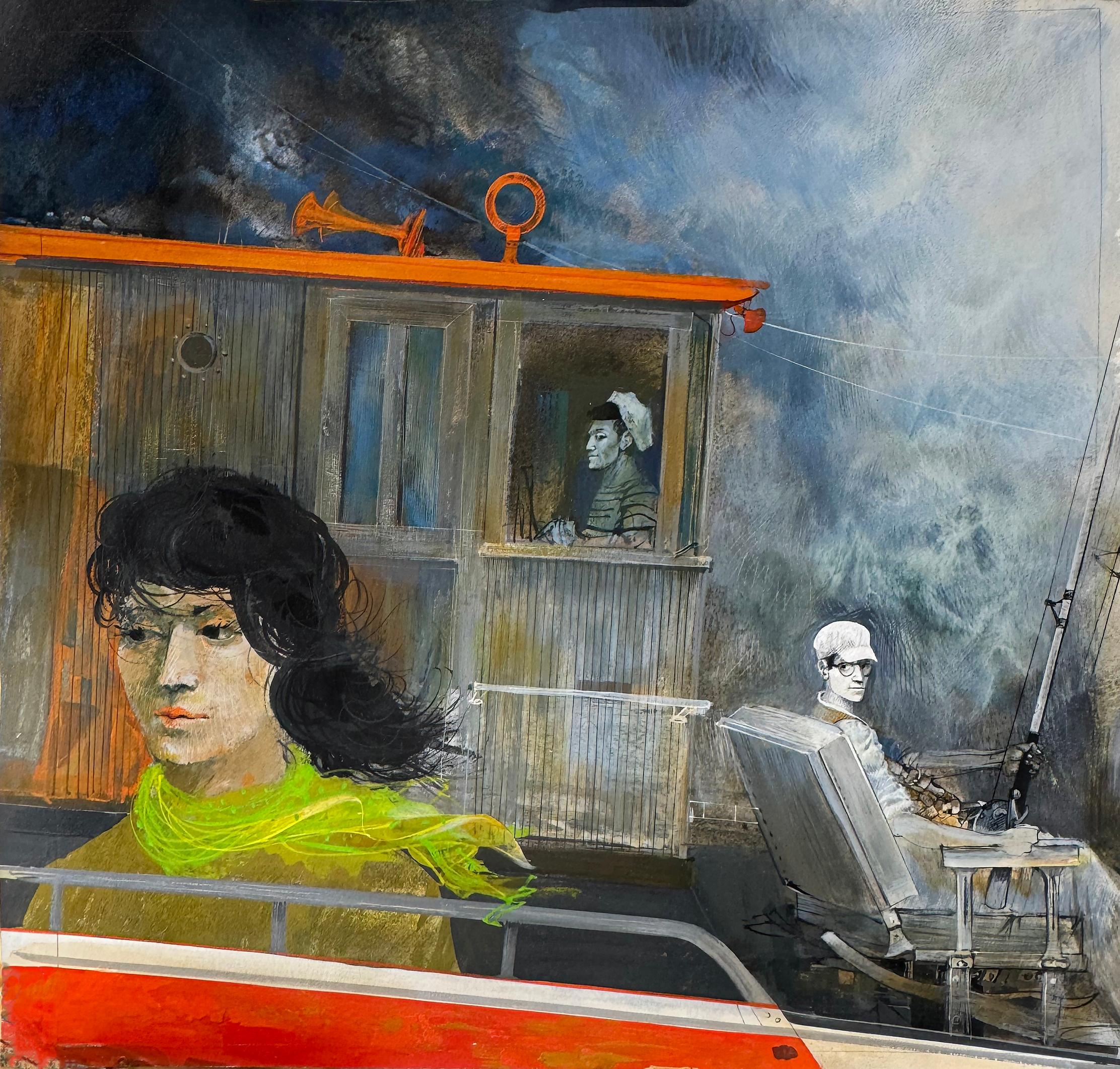 Zeke Ziner Figurative Painting – Romantisches Liebesdreieck auf Fischerboot - Mitte des Jahrhunderts