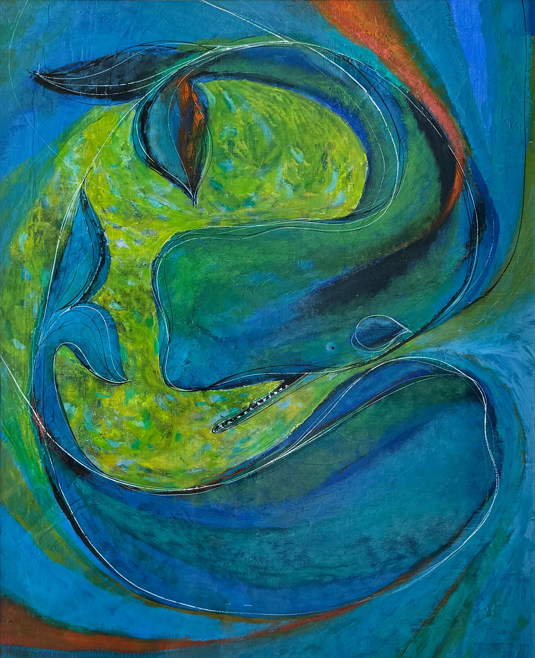 Deux baleines tourbillonnent dans une danse amoureuse au milieu des eaux bleues et jaunes - Impressionnisme abstrait Painting par Zeke Ziner