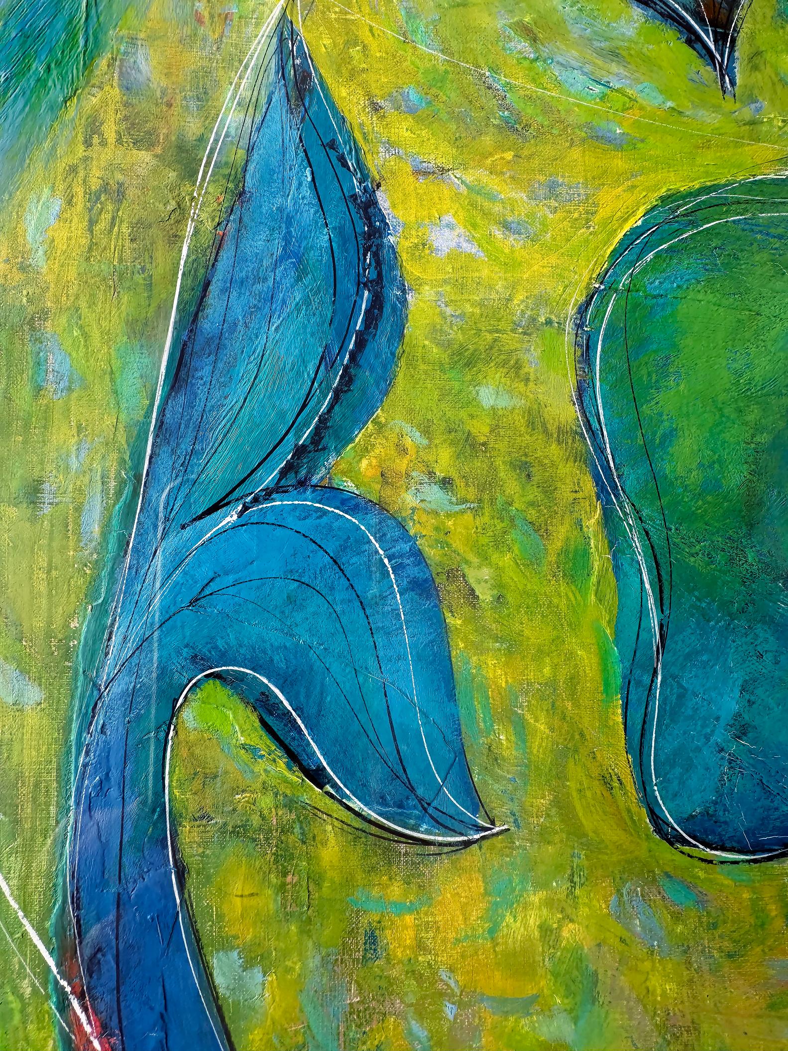 Deux baleines tourbillonnent dans une danse amoureuse au milieu des eaux bleues et jaunes - Bleu Abstract Painting par Zeke Ziner