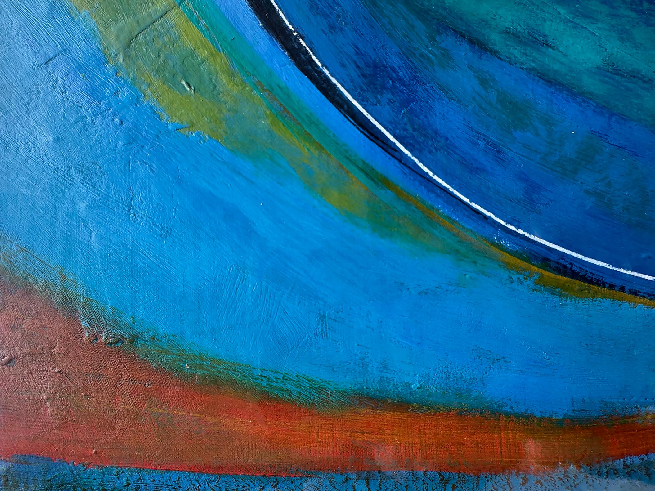 Deux baleines monumentales sont représentées dans une gracieuse danse amoureuse dans des eaux bleues-vertes idylliques. L'œuvre est aussi abstraite que figurative. Séduisantes et envoûtantes, les couleurs vous attirent. Les œuvres sont encore plus