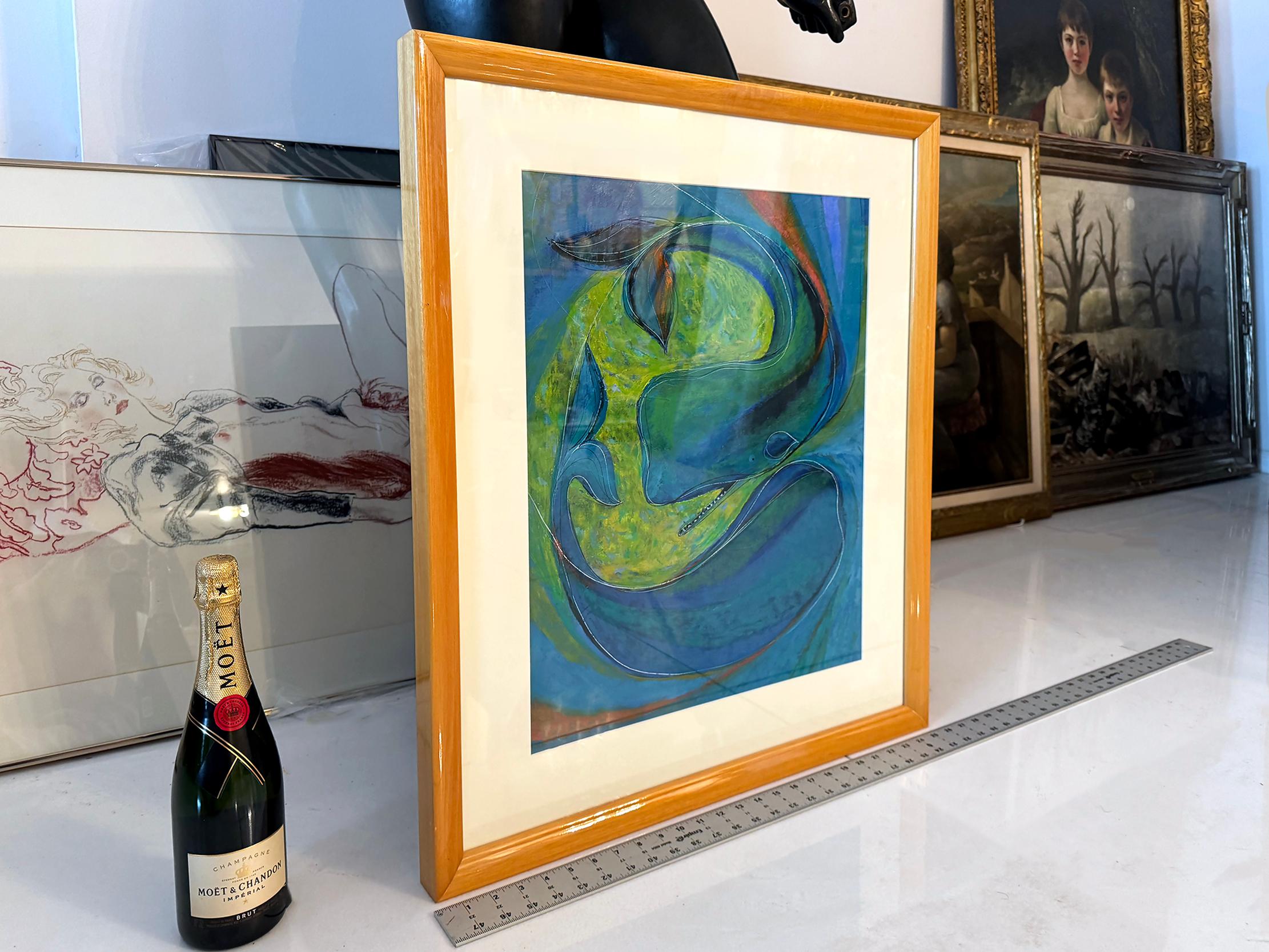 Deux baleines tourbillonnent dans une danse amoureuse au milieu des eaux bleues et jaunes en vente 3